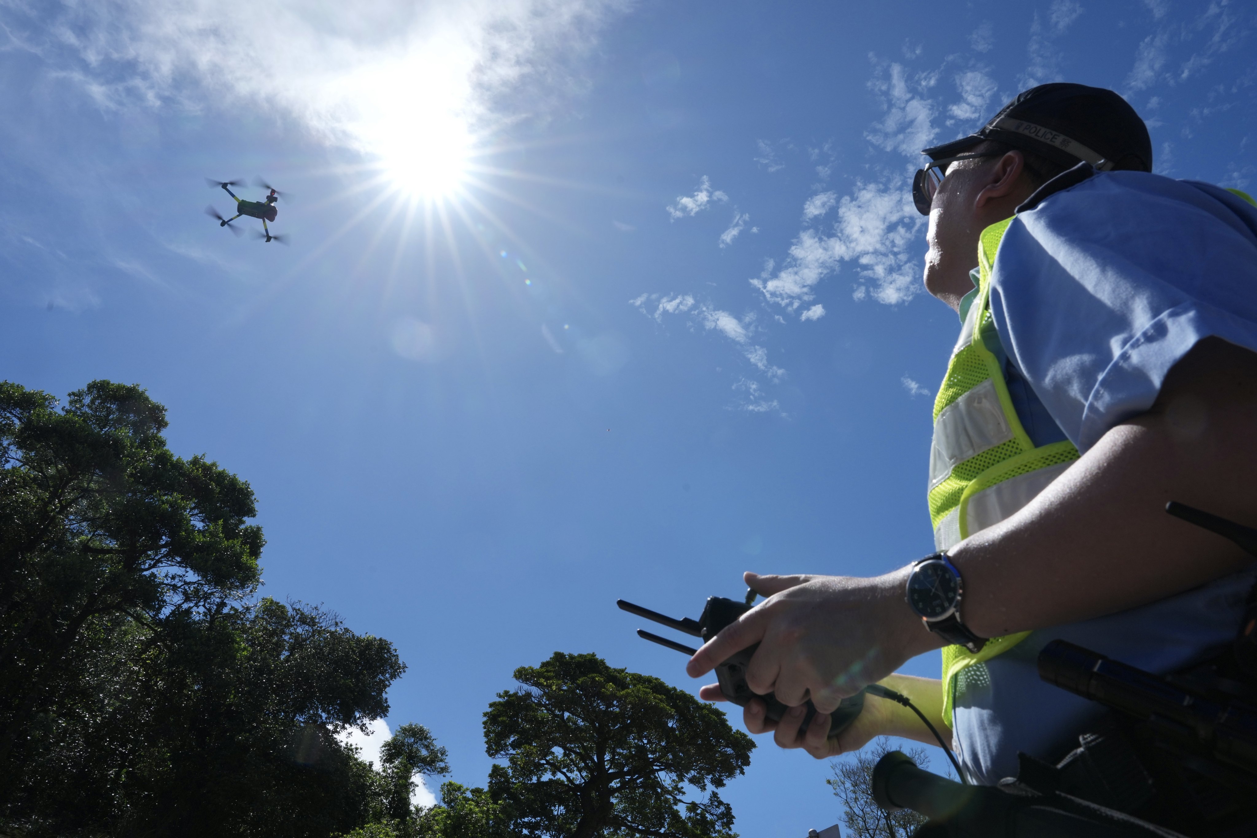 Police use drones to demonstrate traffic law enforcement at the Lan Nai Wan open-air car park on Shek O Road on September 10. Photo: Karma Lo