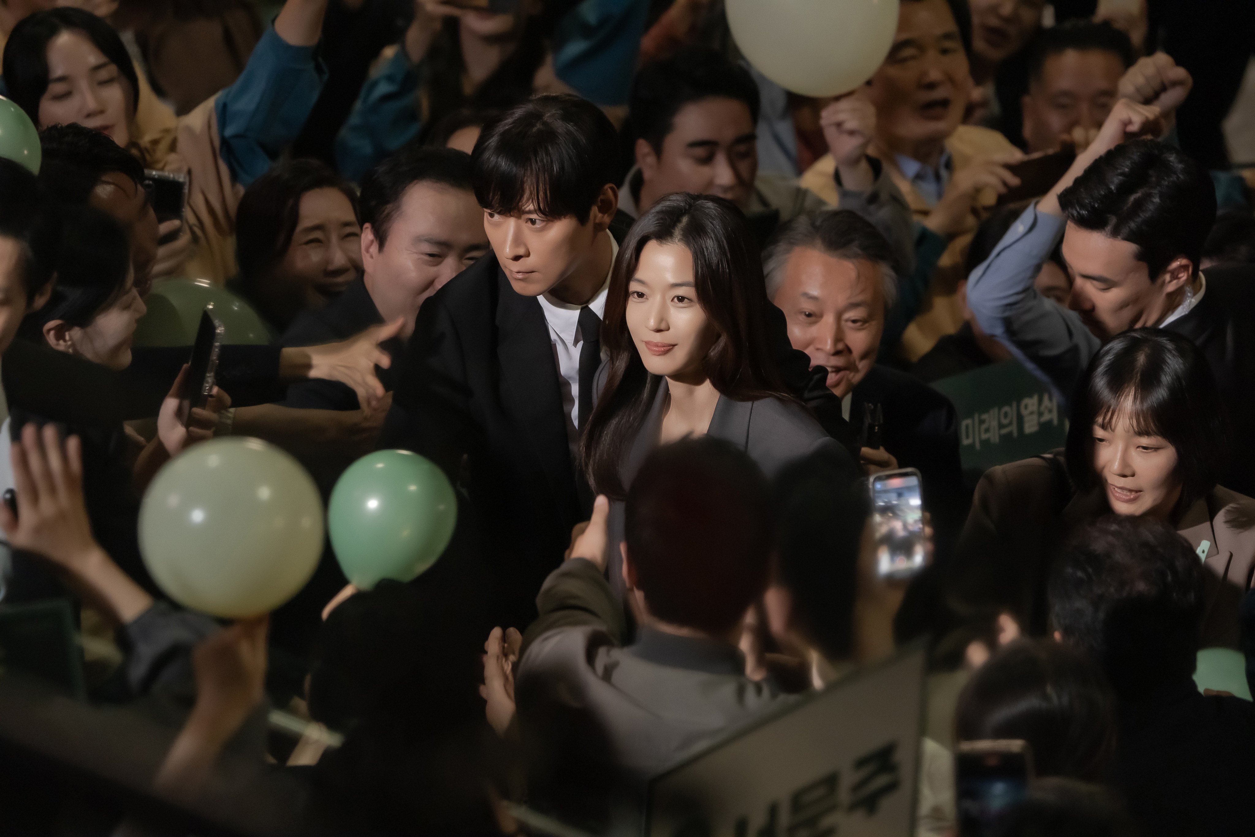 Gang Dong-won (left) as Paik San-ho and Jun Ji-hyun as Seo Mun-ju in a still from Tempest. Photo: Disney+
