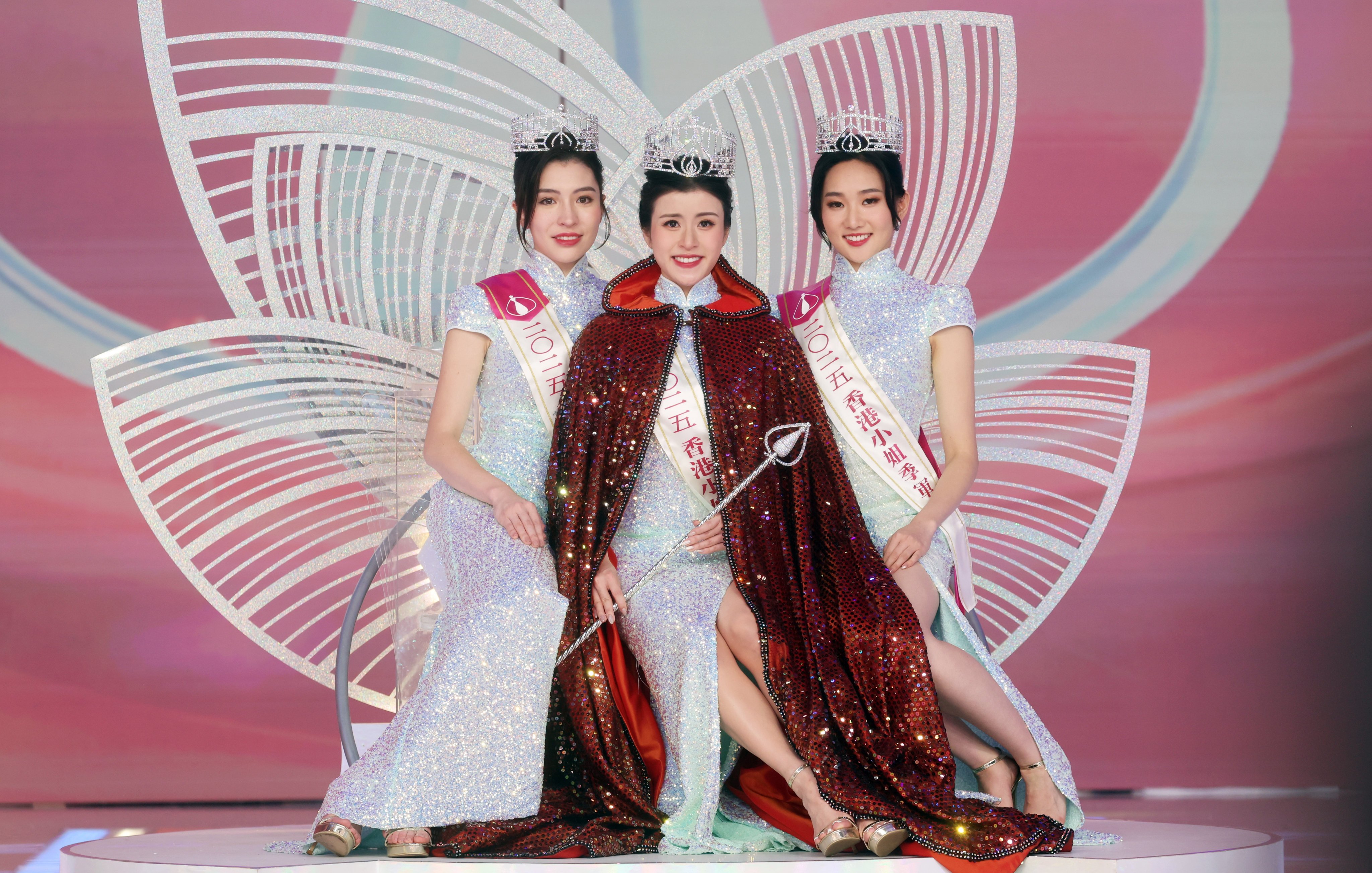 (Left to right) Miss Hong Kong beauty pageant first runner-up Angela Stanton, winner Stacey Chan and second runner-up Jane Yuan, at TVB City, Tseung Kwan O, on August 31. Photo: Edmond So