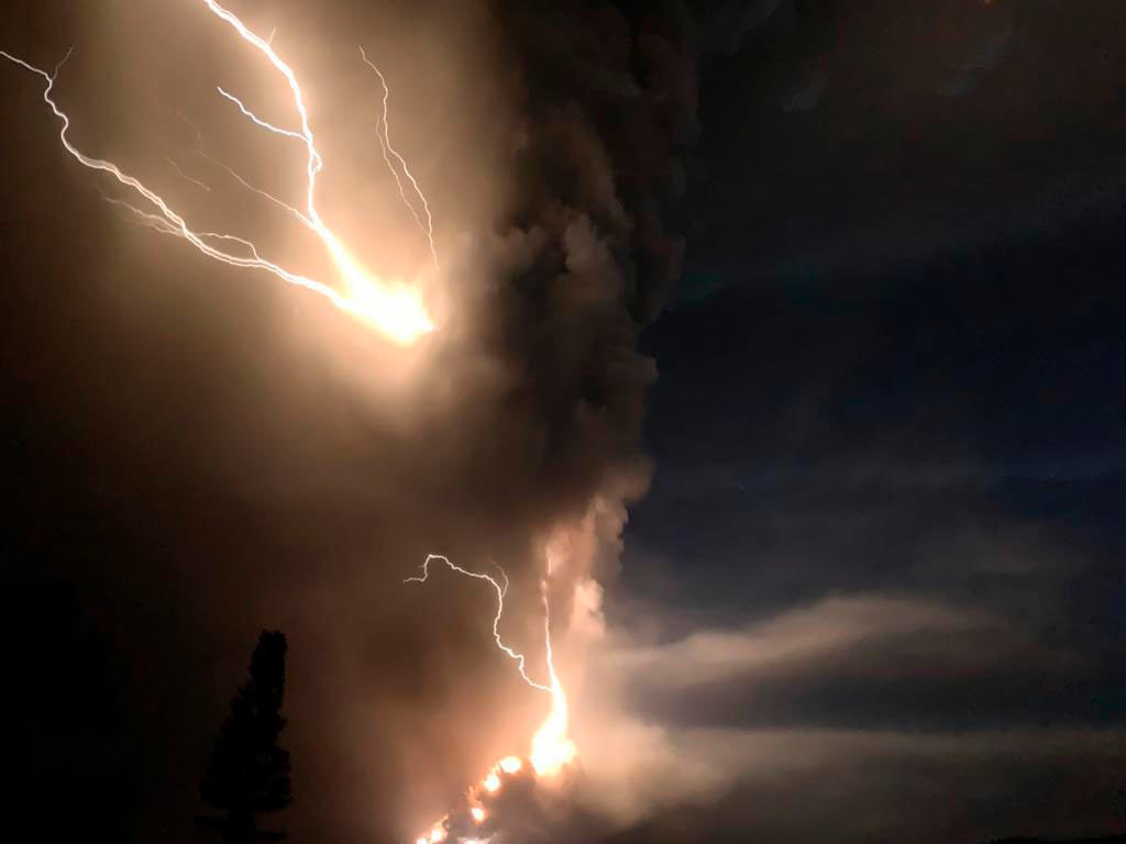 Lightning flashes as Taal Volcano erupts in January 2020. Photo: AP