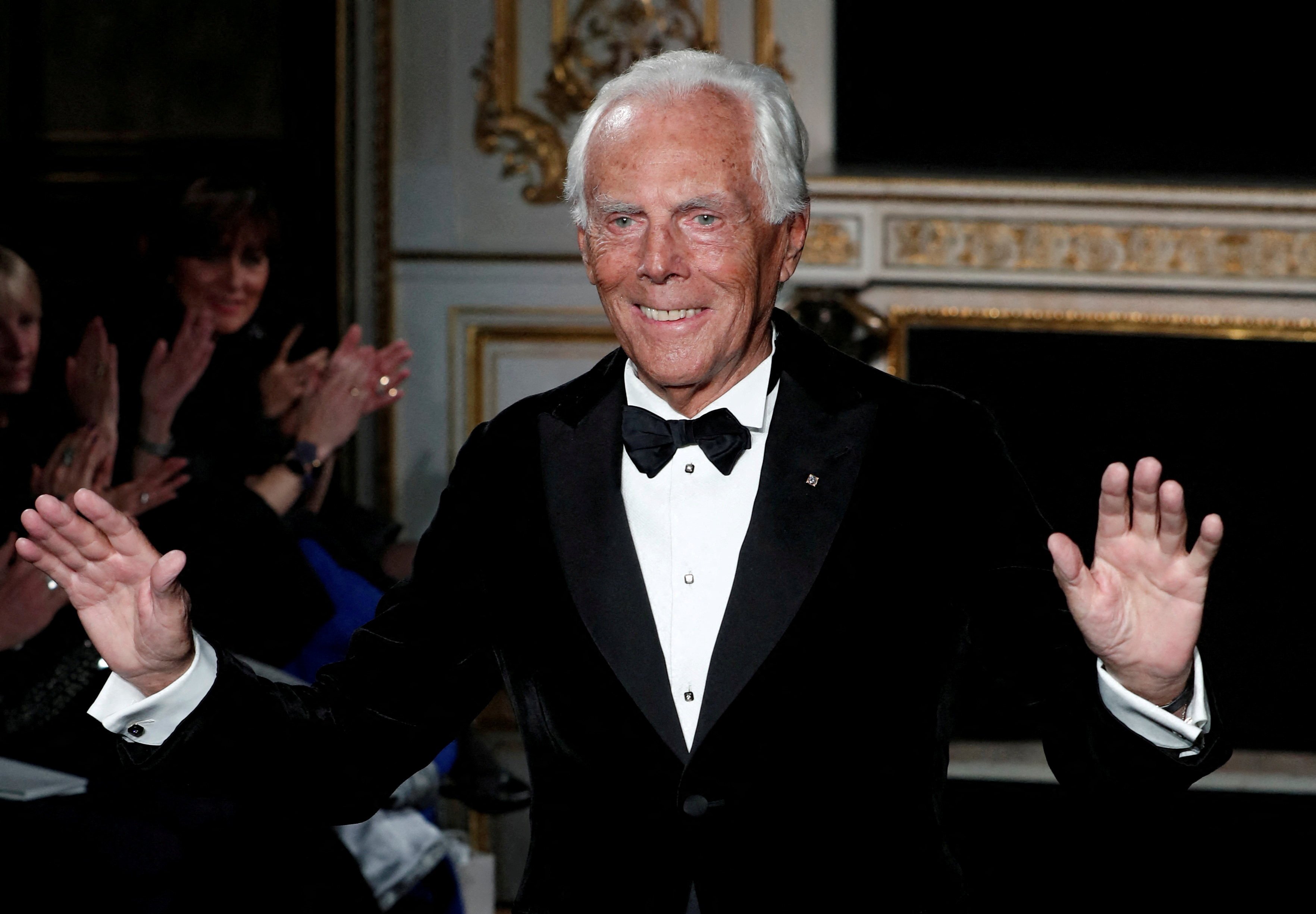 Italian designer Giorgio Armani appears at the end of his Haute Couture Spring-Summer 2019 collection show in Paris in January 2019. Photo: Reuters