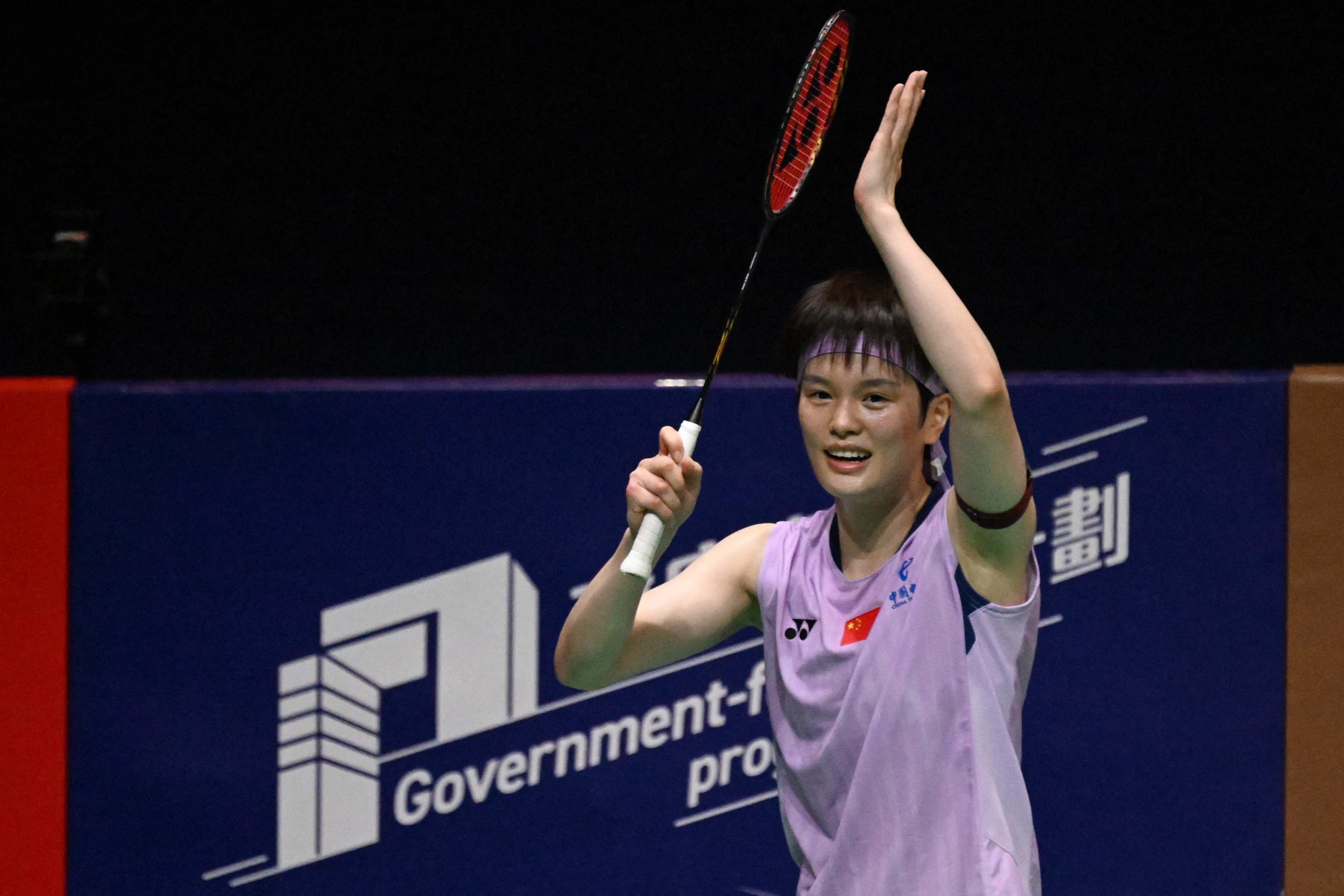 Wang Zhiyi celebrates after overcoming fellow Chinese Han Yue in the Hong Kong Open final. Photo: AFP