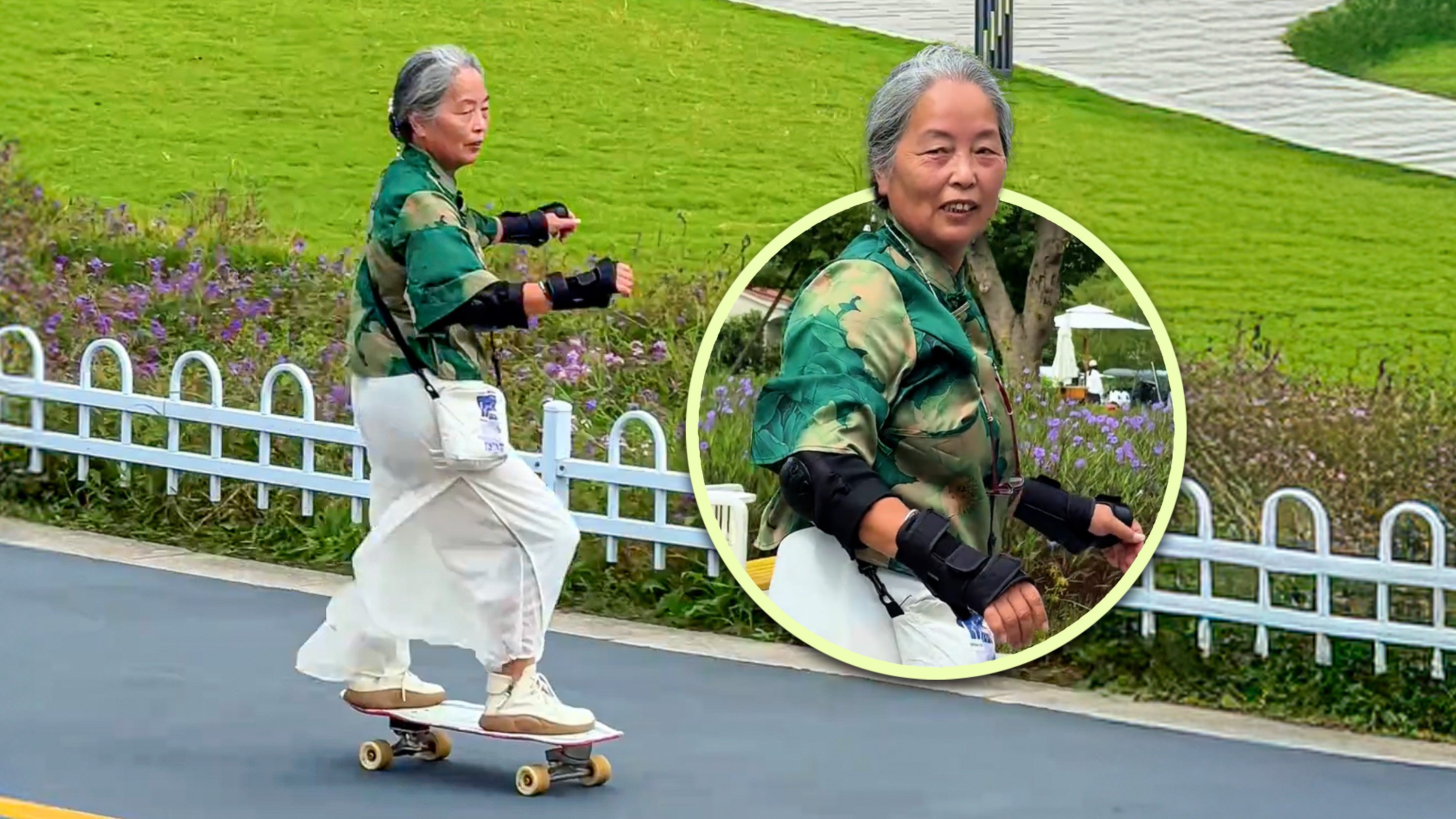A 68-year-old Chinese grandma, dubbed a “Wind-Chasing Girl,” has gone viral for skateboarding with her daughter. Photo: SCMP composite/Douyin