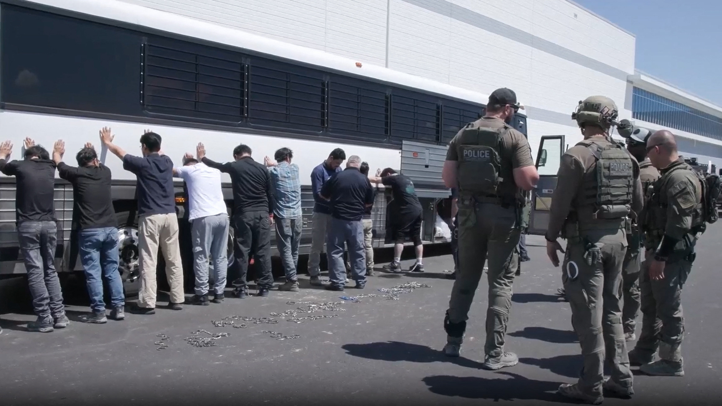 A screenshot from a video shows US Immigration and Customs Enforcement agents executing an operation at a Hyundai-LG factory in Ellabell, Georgia, on September 4. Photo: US Immigration and Customs Enforcement / AFP