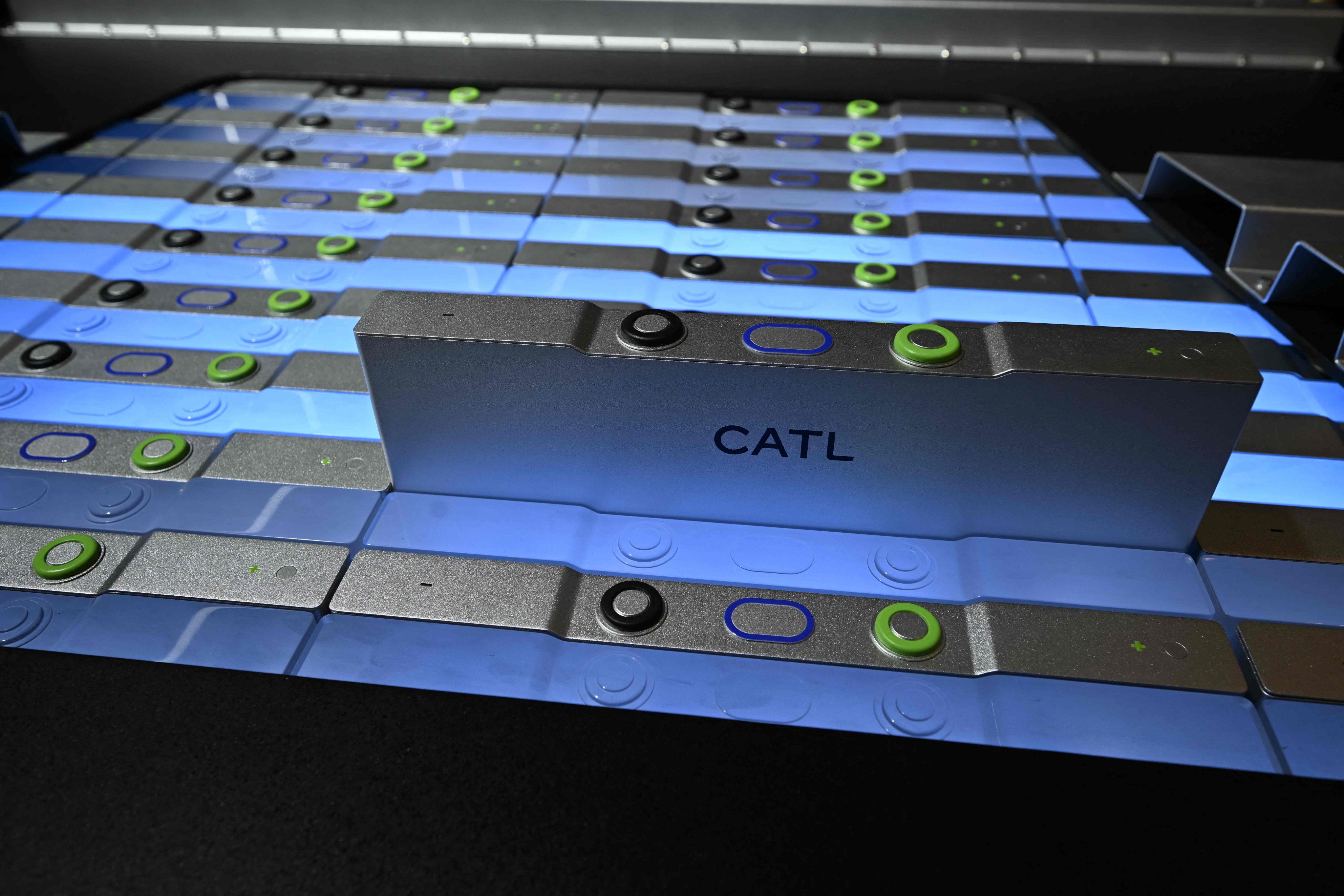 A CATL Shenxing Pro vehicle battery is unveiled to the media before the opening of the International Motor Show IAA on September 7, 2025, in Munich, southern Germany. The IAA Mobility fair runs from September 9 to 14, 2025. (Photo by Tobias Schwarz / AFP) / DFL REGULATIONS PROHIBIT ANY USE OF PHOTOGRAPHS AS IMAGE SEQUENCES AND/OR QUASI-VIDEO