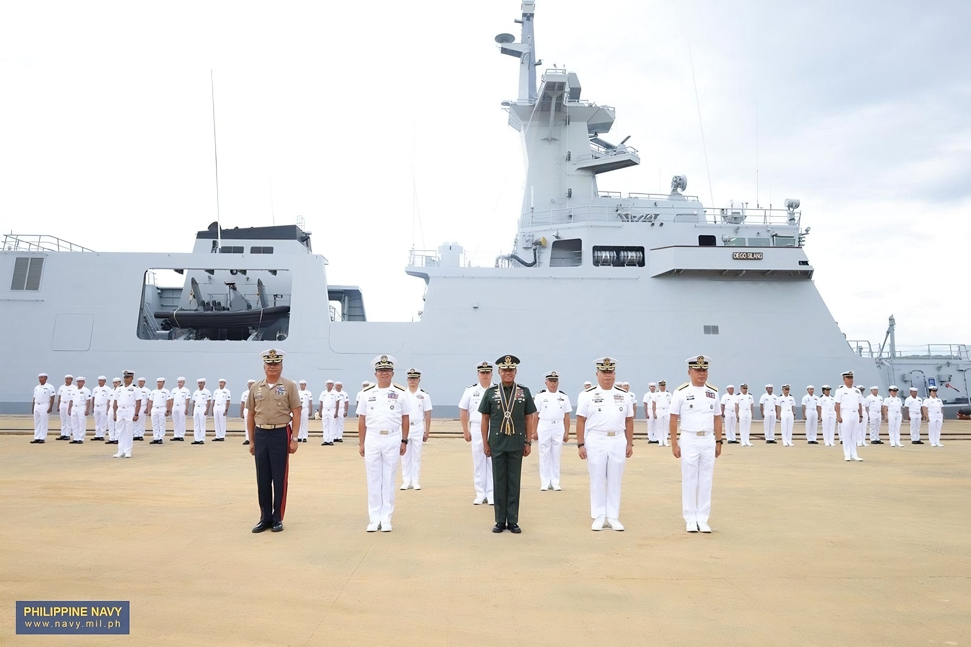 Philippine military chief Romeo Brawner Jnr (centre) stands alongside other officials and sailors at the launch ceremony of the BRP Diego Silang frigate on Monday. Photo: Facebook/PhilippineNavy
