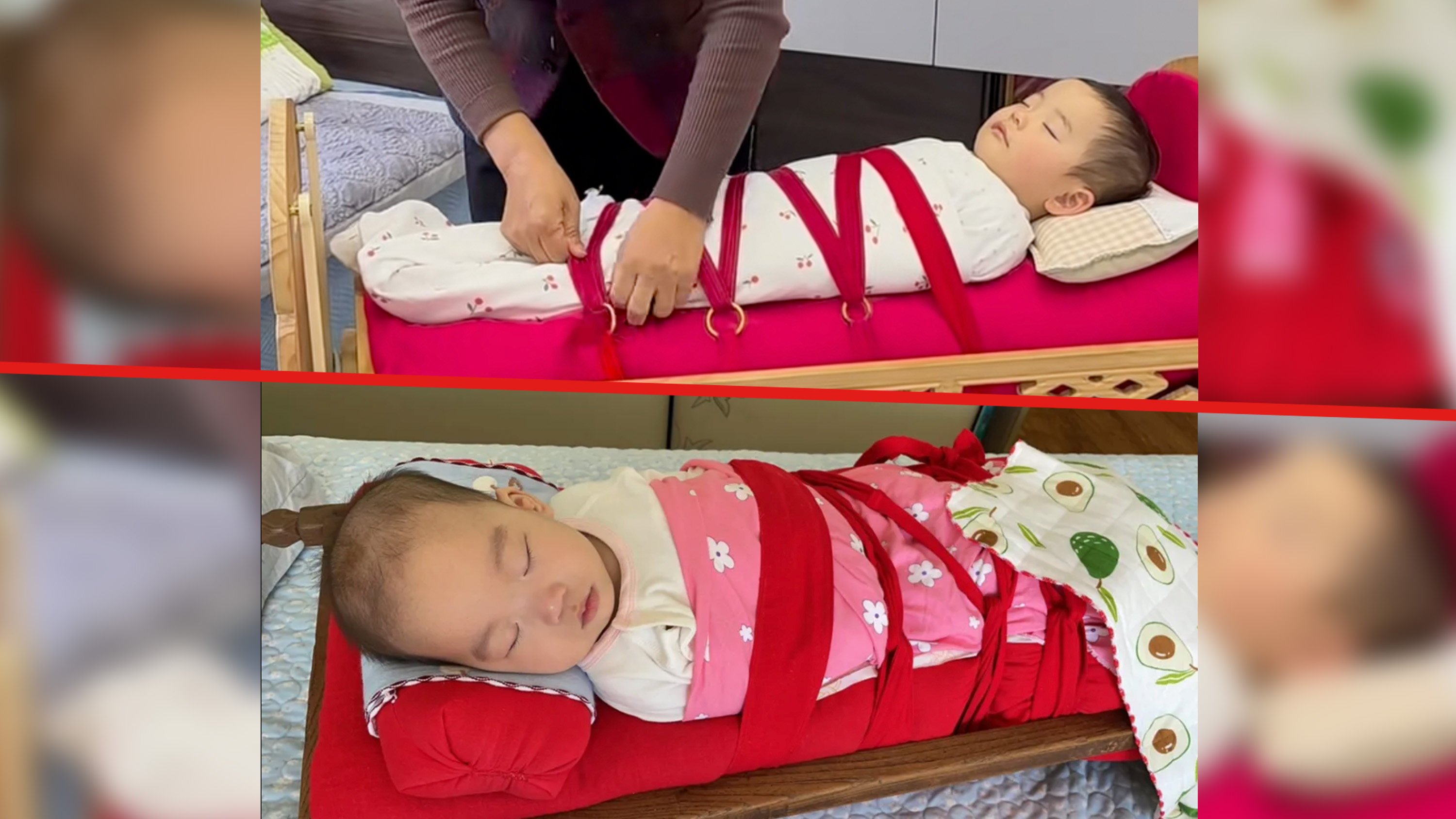 Some Inner Mongolian families bind infants in sand-filled cradles to mimic a mother’s embrace, a practice praised as part of China’s cultural heritage but criticised as “torture” by outsiders. Photo: SCMP composite/RedNote/QQ.com