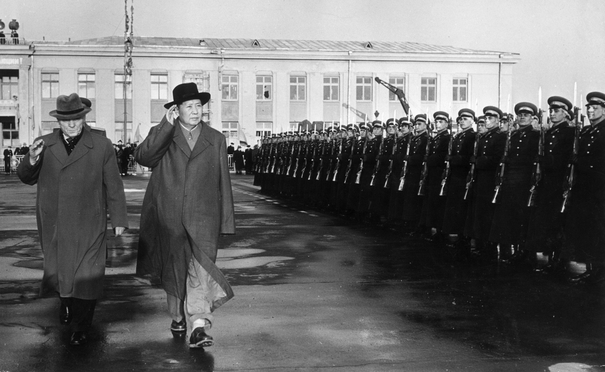 Chinese leader Mao Zedong (right) and Soviet military leader Kliment Yefremovich Voroshilov salute while reviewing an honour guard during Mao’s visit to Moscow in 1957. Photo: Getty Images