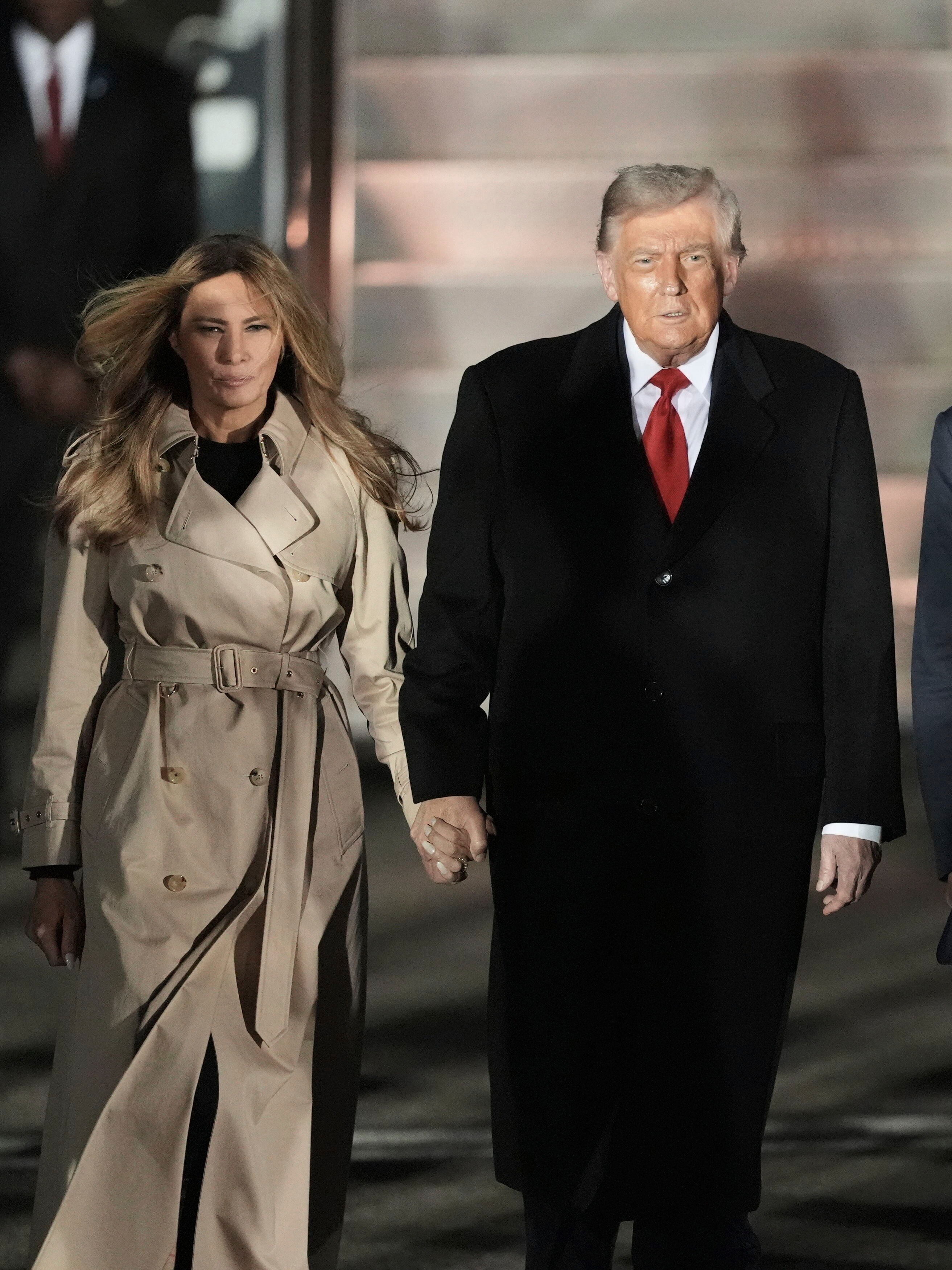 US President Donald Trump and first lady Melania Trump arrive at Stansted Airport near London on Tuesday. Photo: PA via AP