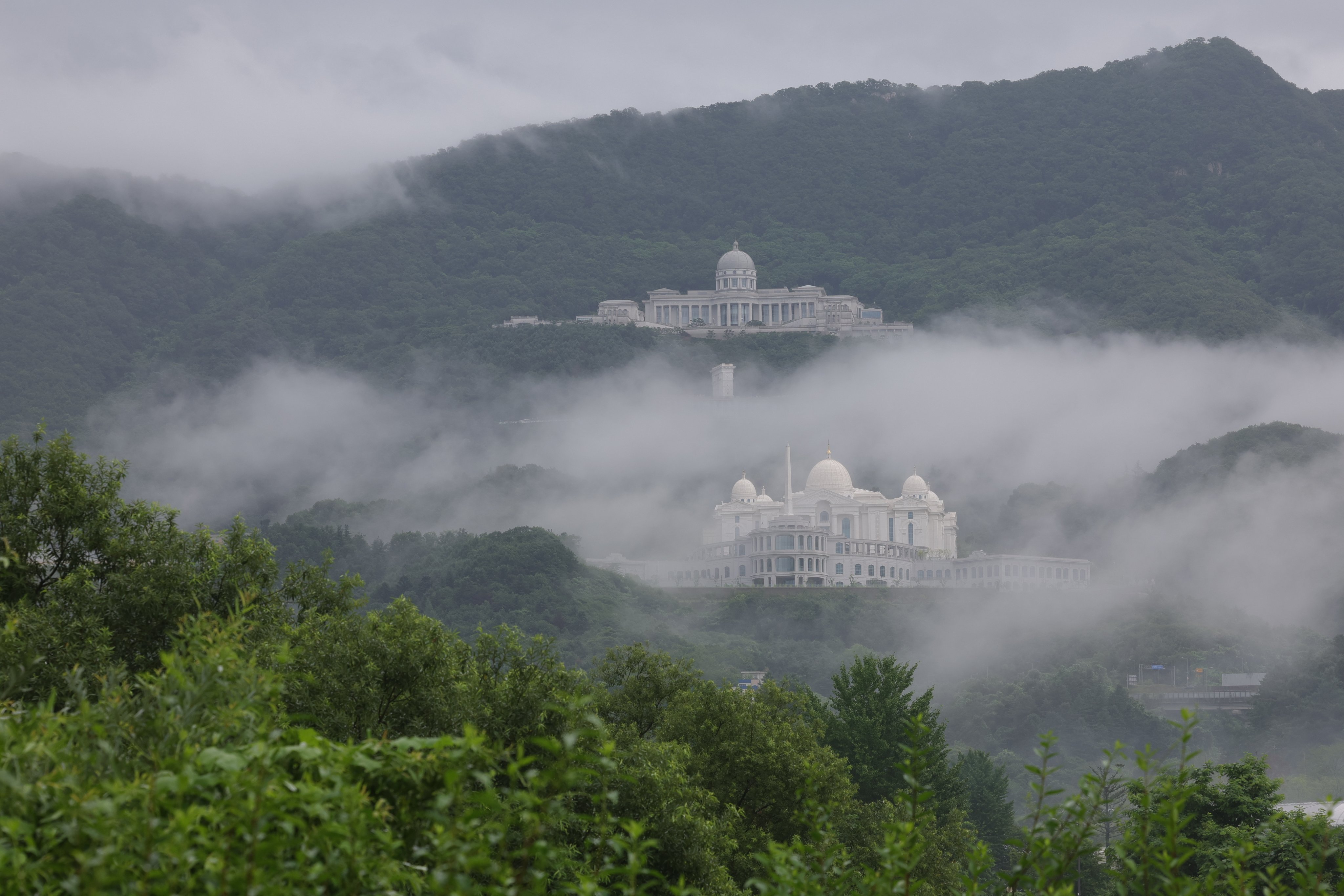 The Unification Church’s headquarters in Gapyeong, South Korea, seen shrouded by fog. Photo: Yonhap/EPA