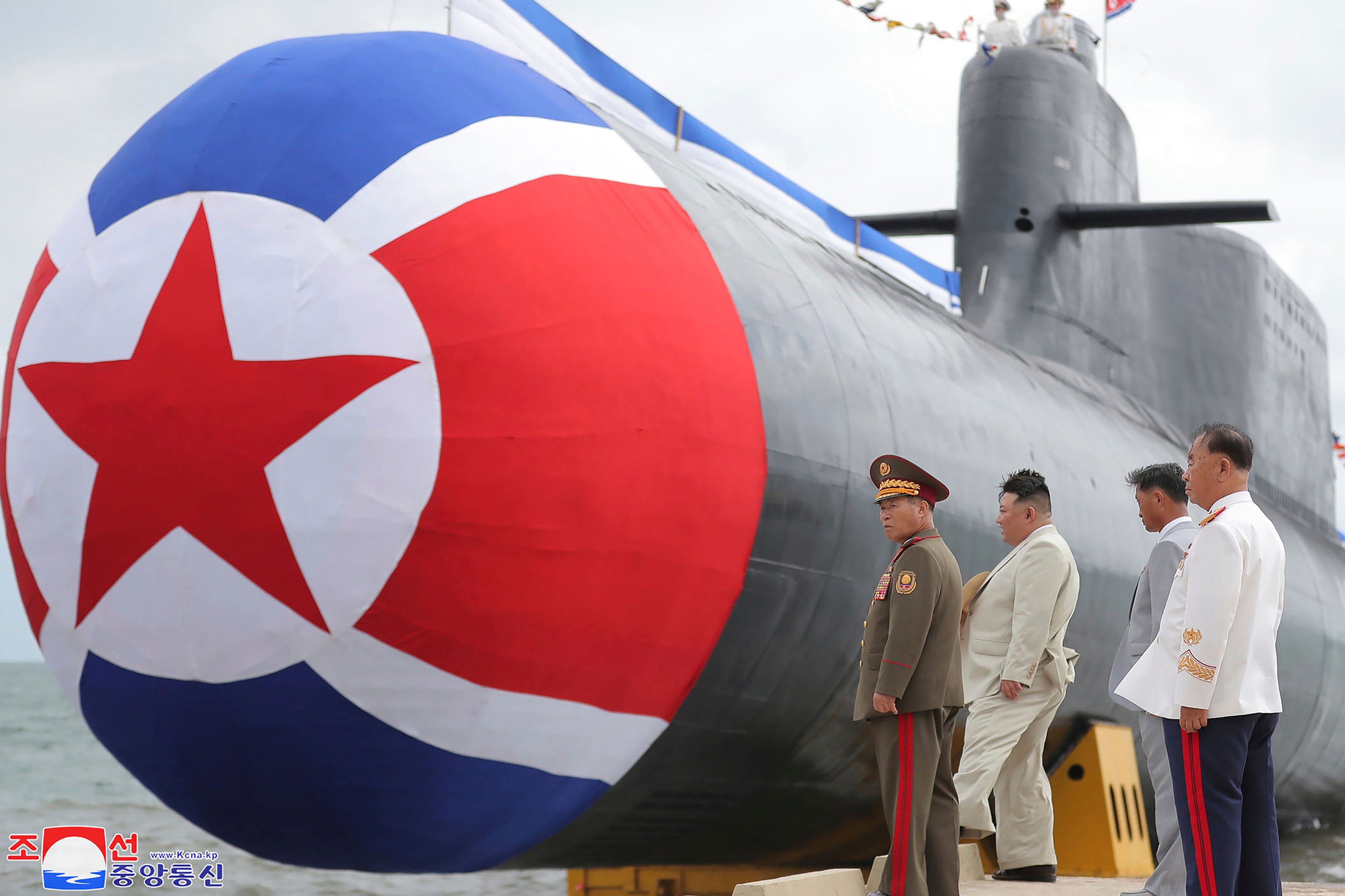 North Korean leader Kim Jong-un inspects what state media said is the country’s first tactical nuclear attack submarine, the Hero Kim Kun-ok, in 2023. Photo: KCNA via AP