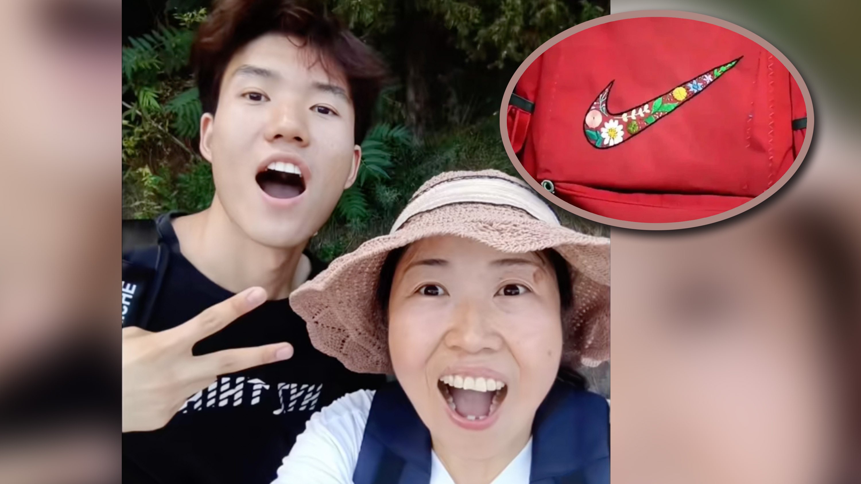 A Chinese teenager went viral after his mother embroidered a Nike logo on his schoolbag because they could not afford the real thing. Photo: SCMP composite/RedNote/Douyin