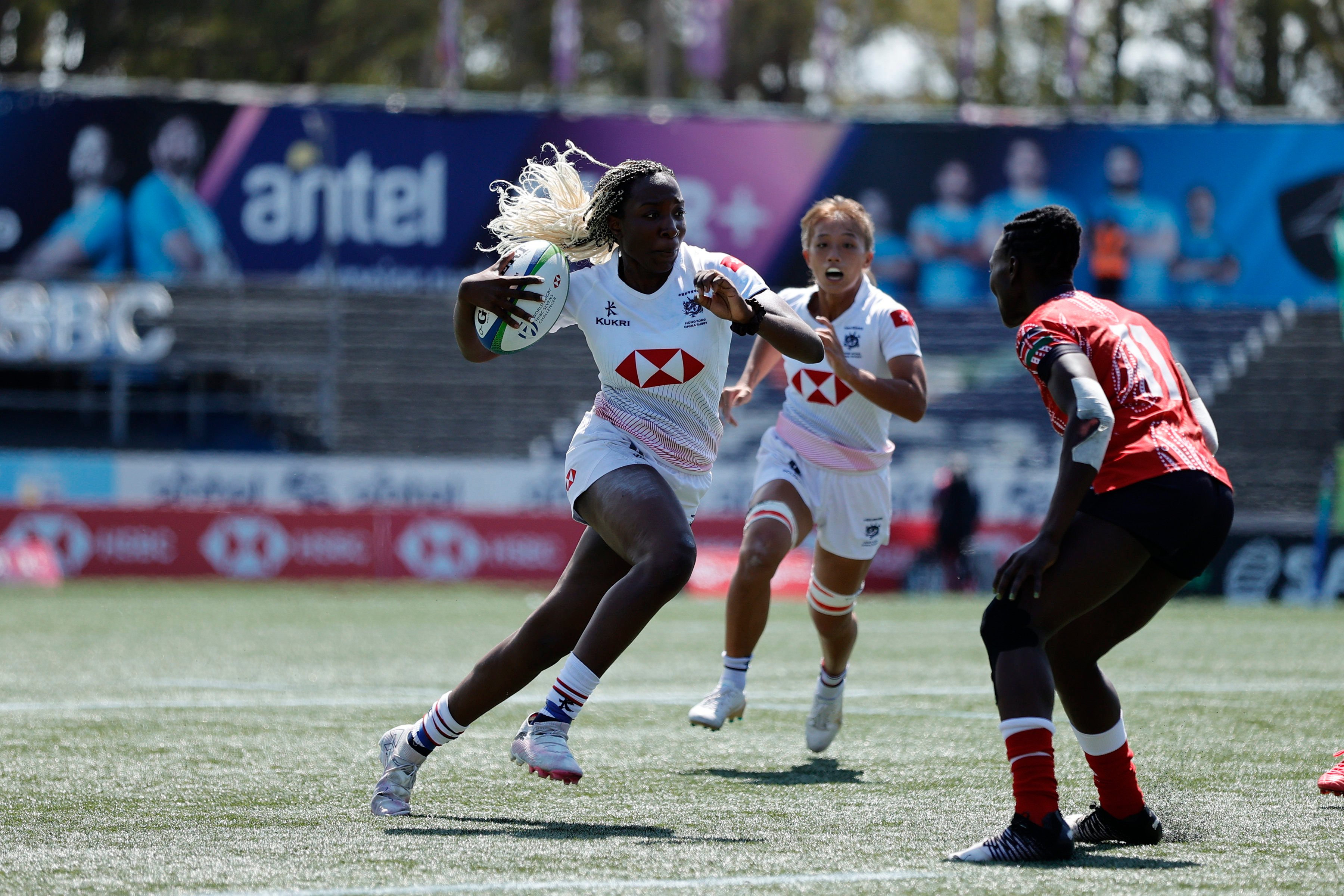 Julia Mibuy Mba Oyana in Challenger Series action against Kenya in the match before she tore her right anterior cruciate ligament. Photo: World Rugby