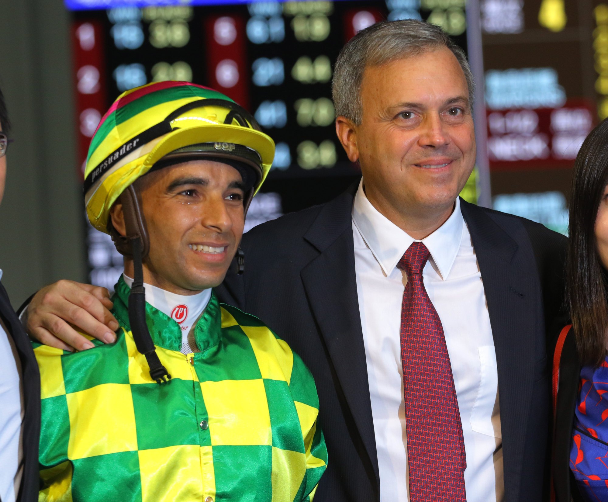 Jockey Joao Moreira and trainer Caspar Fownes enjoy a winner.