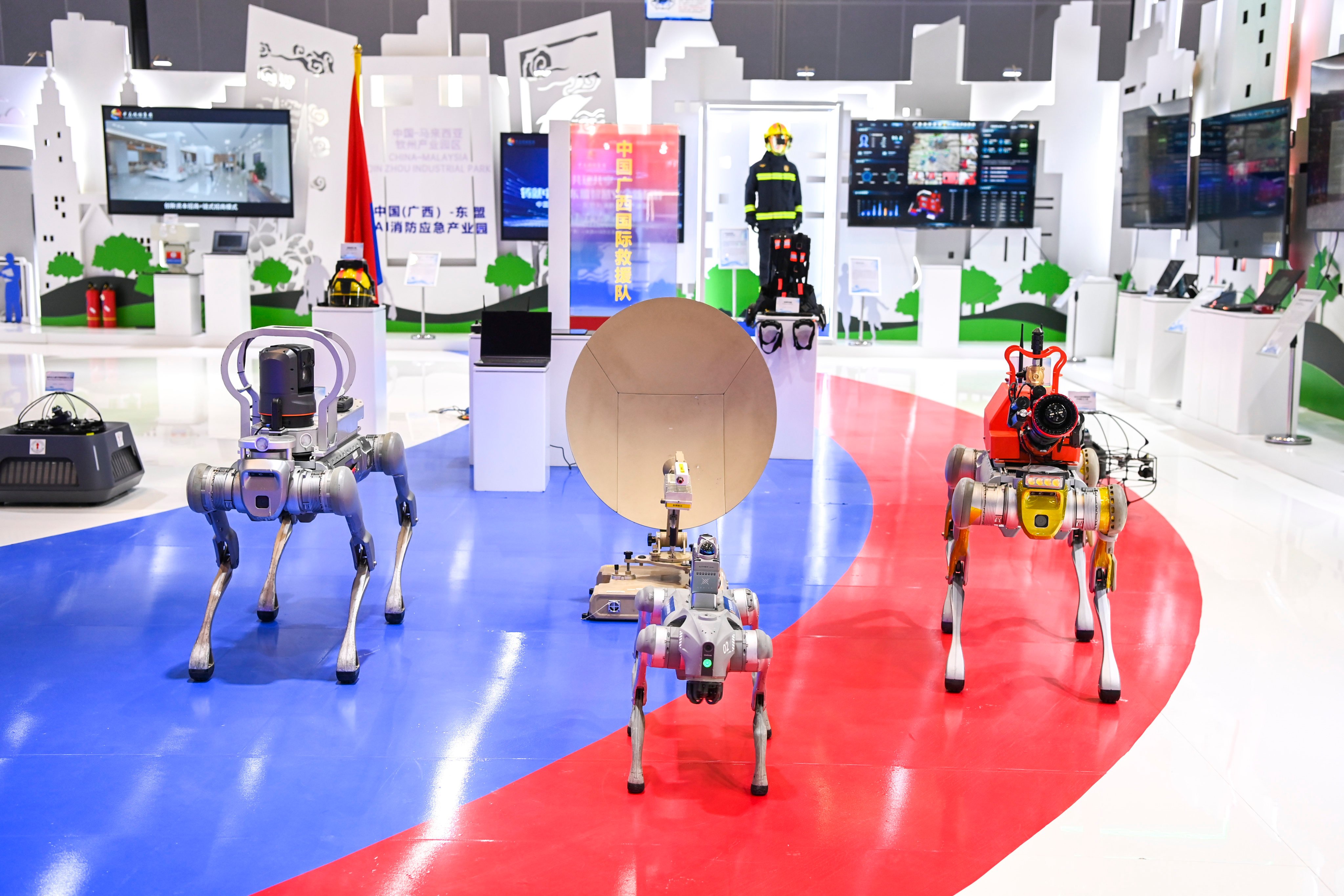 AI-powered firefighting devices are seen at the Nanning International Convention and Exhibition Centre in Nanning, Guangxi, on September 17. Photo: Xinhua