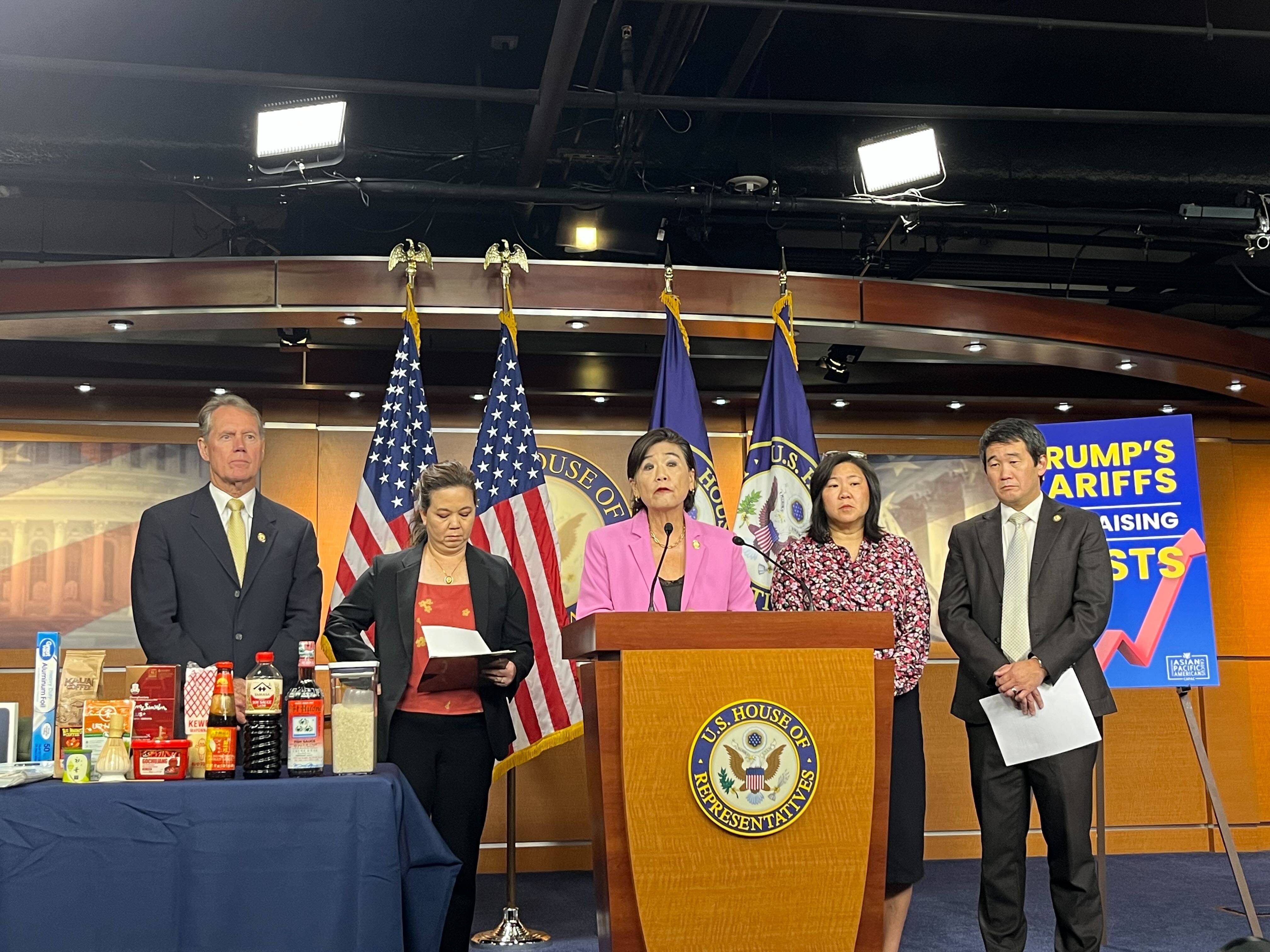 Grace Meng, chair of the Congressional Asian Pacific American Caucus, speaks with other members at a press conference about tariffs on Thursday on Capitol Hill. Photo: Bochen Han