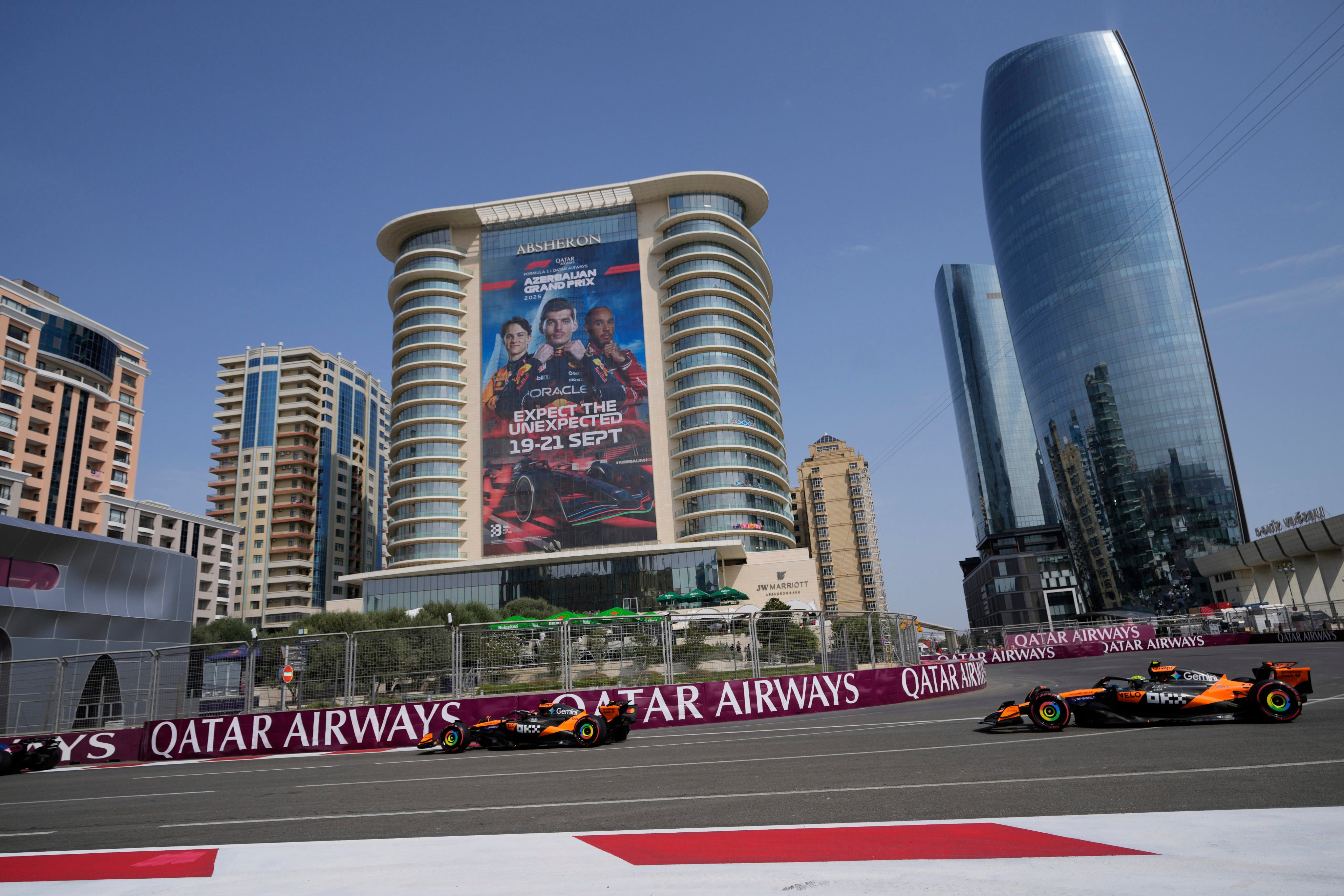 McLaren drivers Oscar Piastri of Australia (left) and Lando Norris of Britain at the first training run for the Azerbaijan Grand Prix in Baku on Friday. Photo: AP