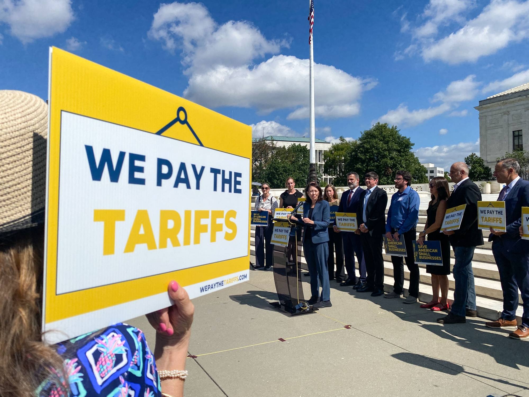 US Senator Maria Cantwell and small-business owners hold a news conference on Thursday outside the US Supreme Court to discuss the impacts of tariffs. Photo: AFP
