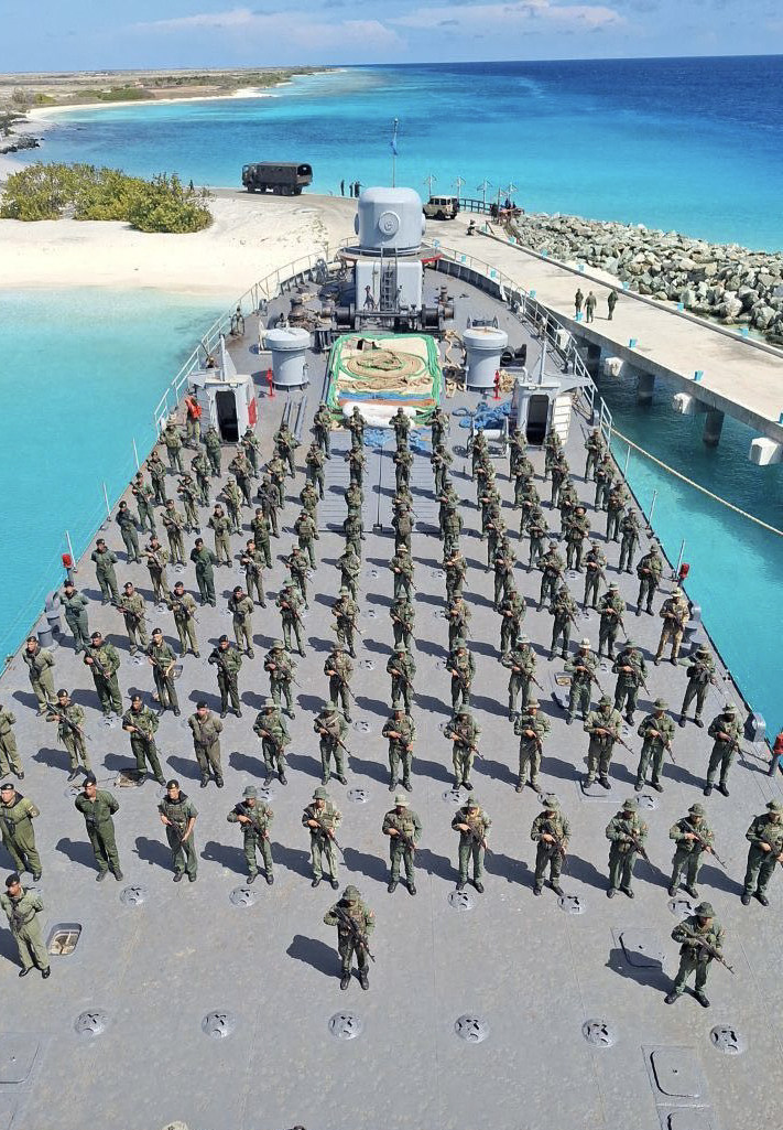 Venezuelan soldiers on the deck of a warship during a military exercise on the Caribbean island of La Orchila on Thursday. Photo: CEOFANB/AFP