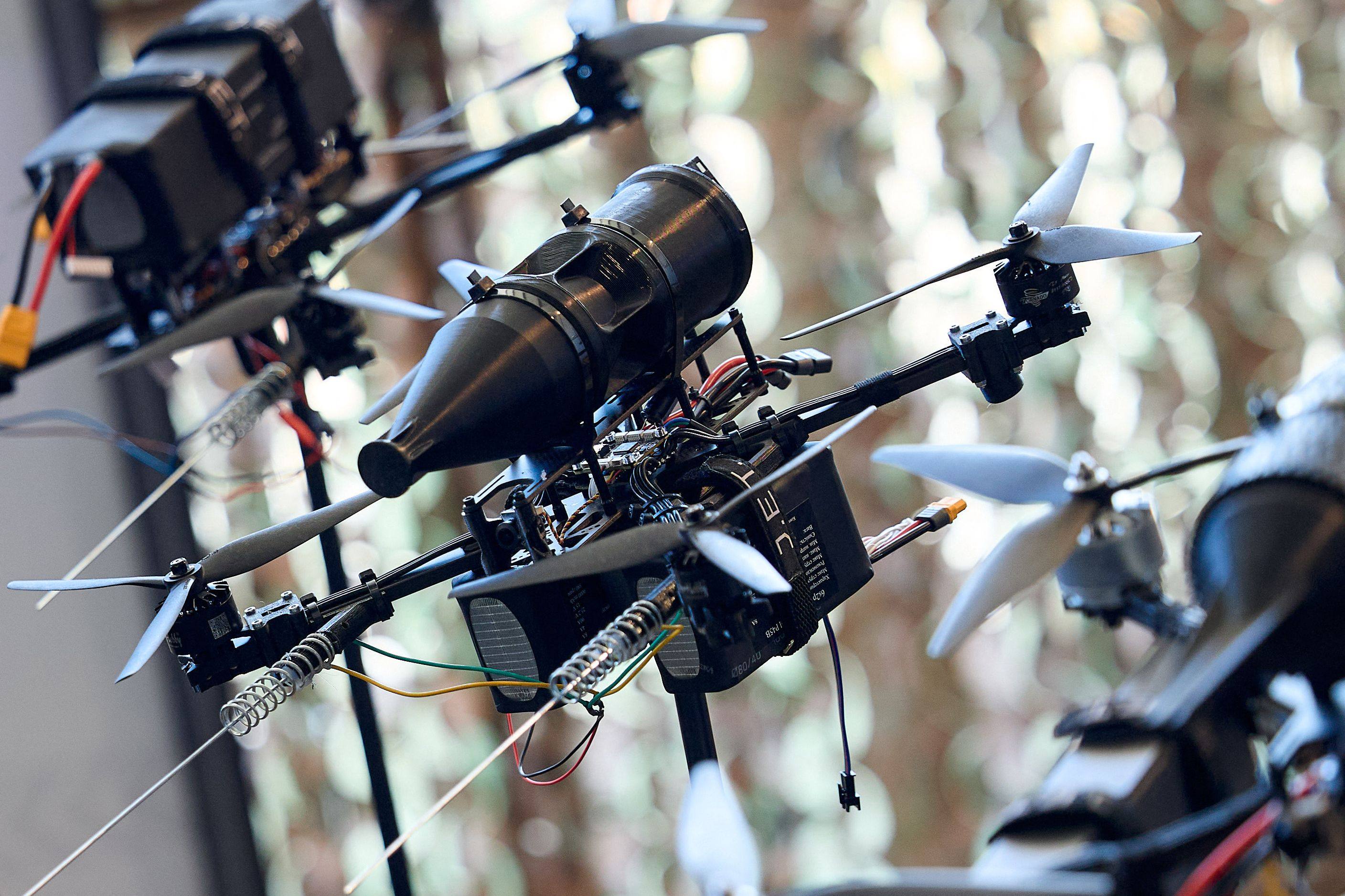 Drones are exhibited during the Defence Tech Valley summit in Lviv, Ukraine, on Wednesday. Photo: Brave1 via AFP