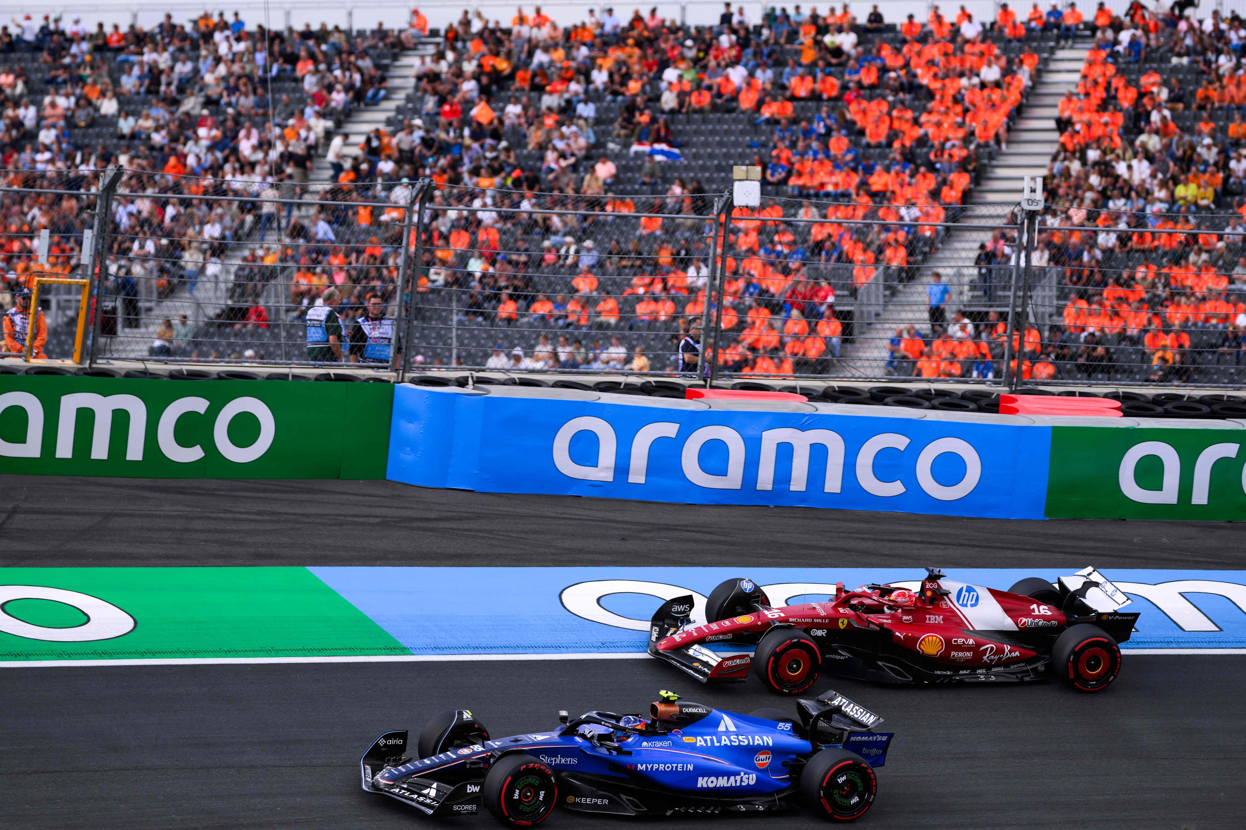 Williams’ Carlos Sainz passes Ferrari’s Charles Leclerc during practice at last month’s Dutch Grand Prix. Photo: AFP