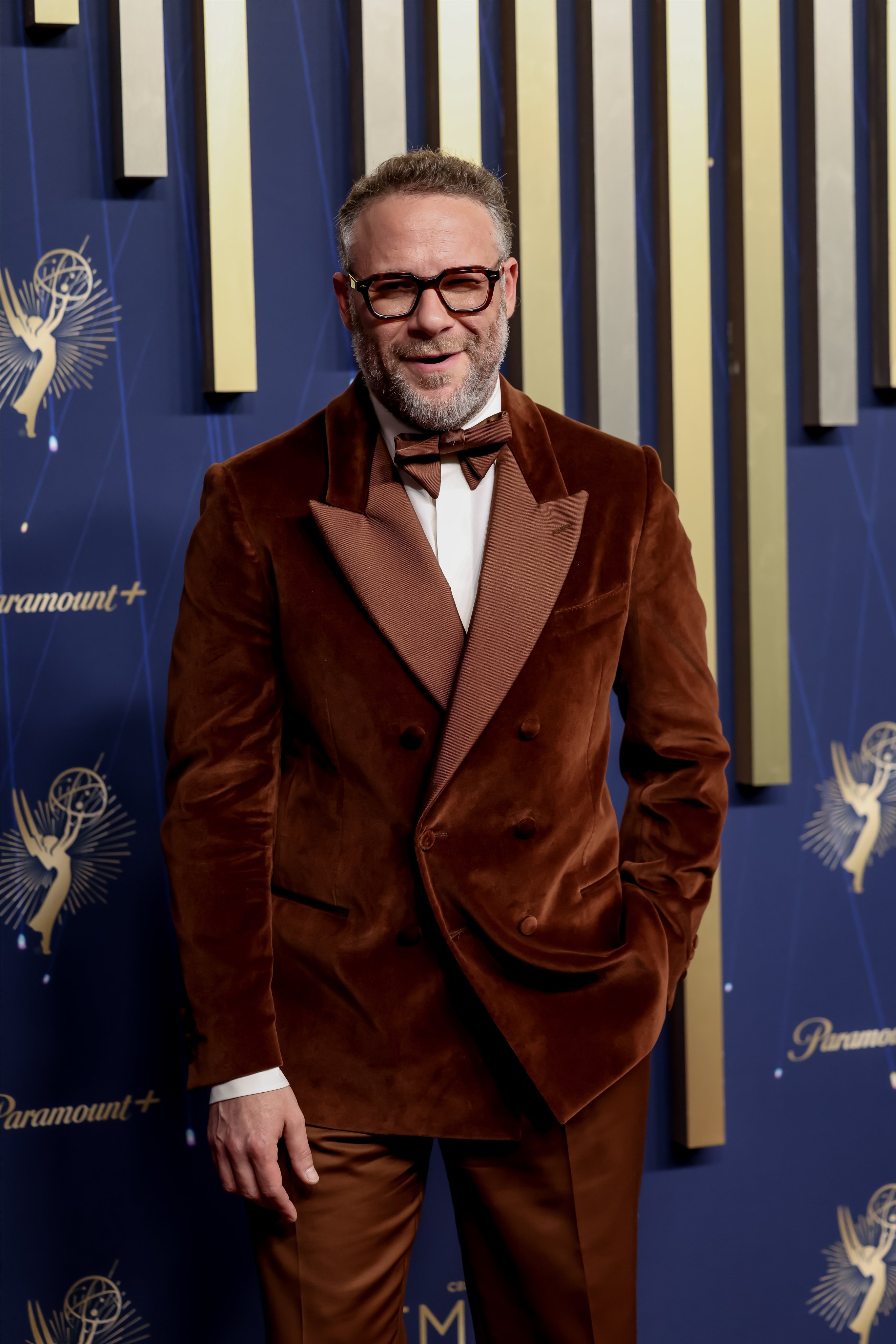 Seth Rogen in a double-breasted Etro suit at the Emmys. His character in Apple TV+ show The Studio was also fond of the look. Photo: EPA