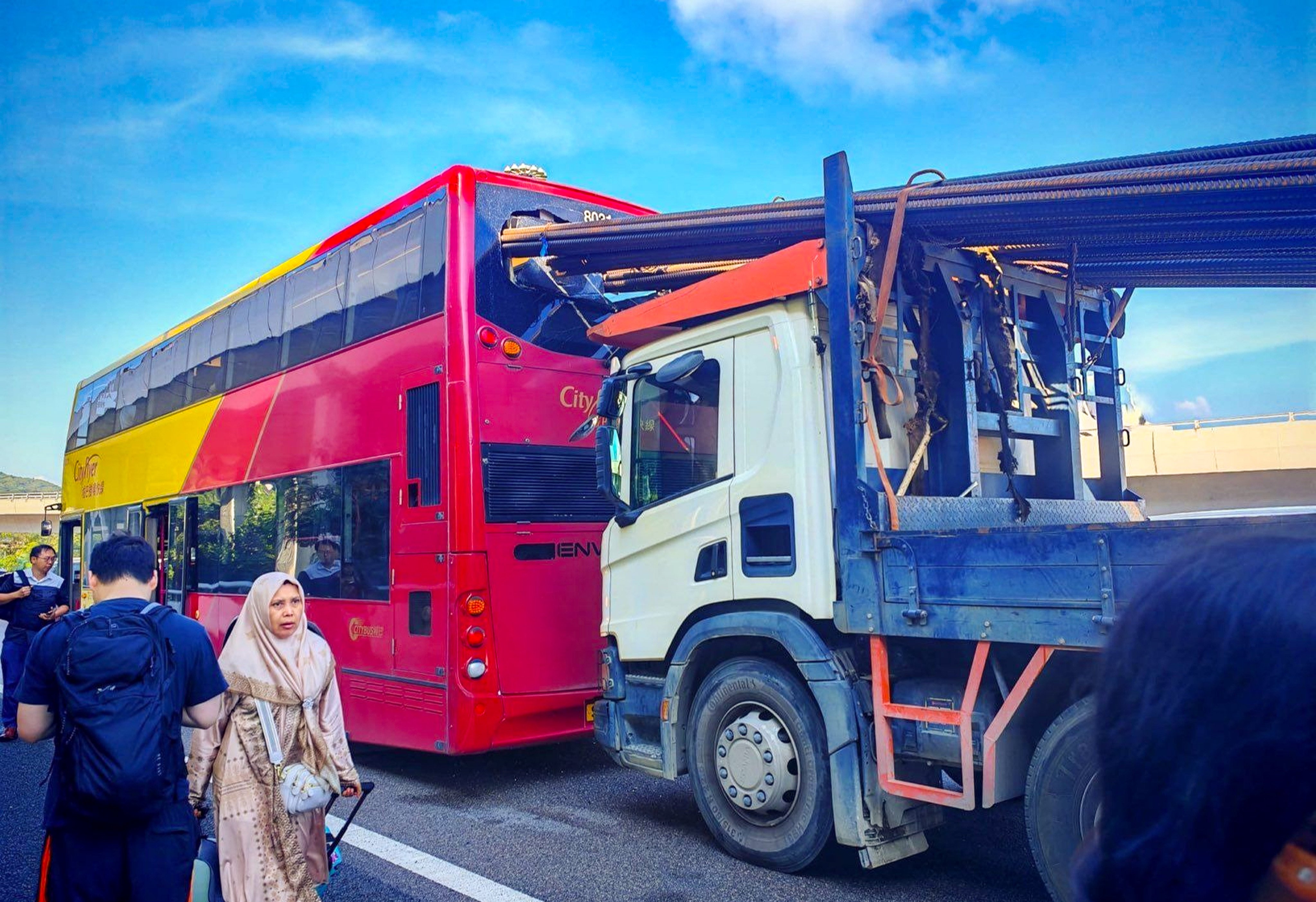 Pictures circulating online showed bundles of steel bars had shattered the upper deck’s rear windows. Photo: Handout