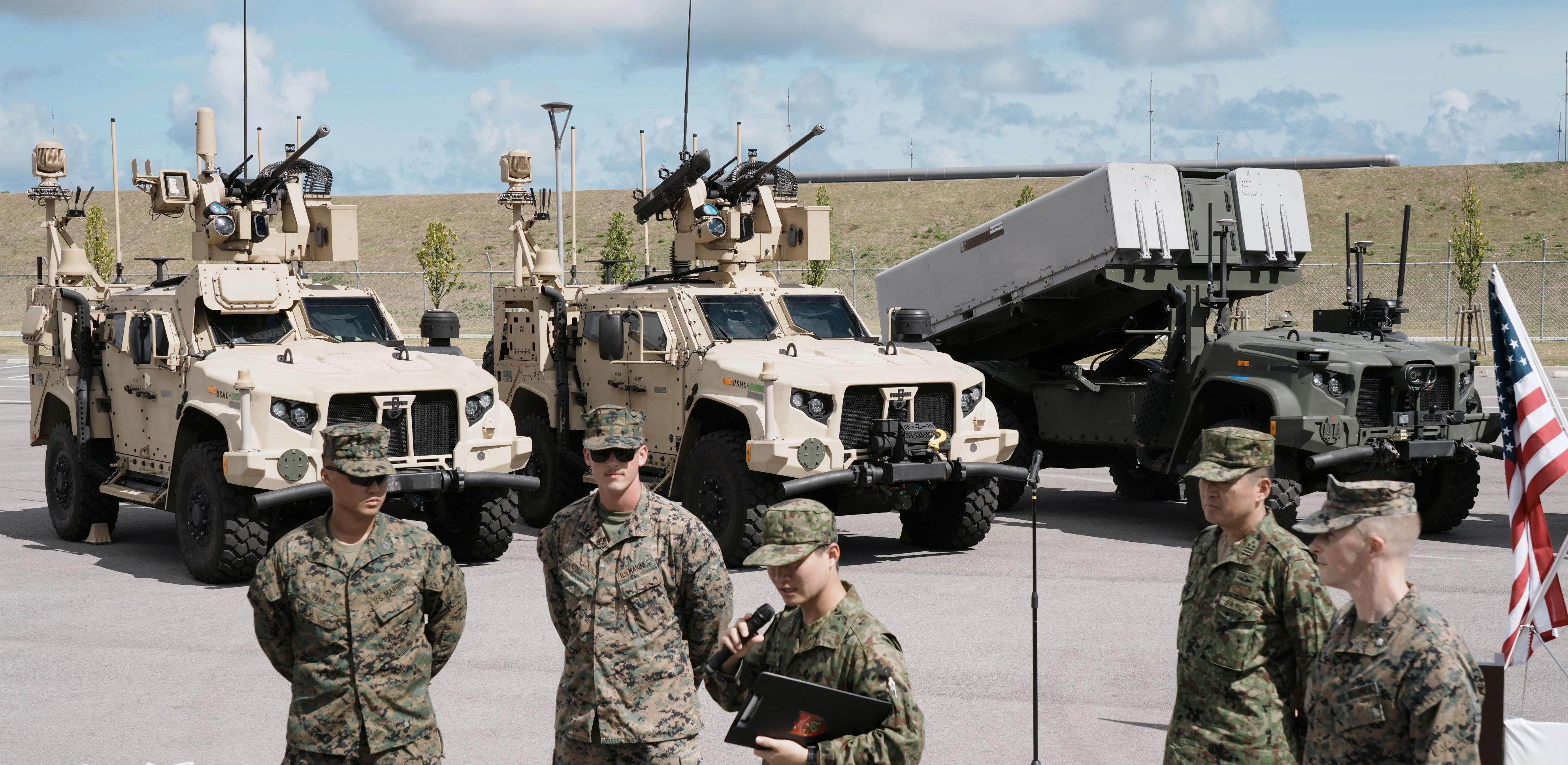 The Marine Air Defence Integrated System (left and centre), and the Navy-Marine Expeditionary Ship Interdiction System at a camp on Ishigaki in Okinawa deployed for the 2025 Resolute Dragon Japan-US joint drills. Photo: Kyodo