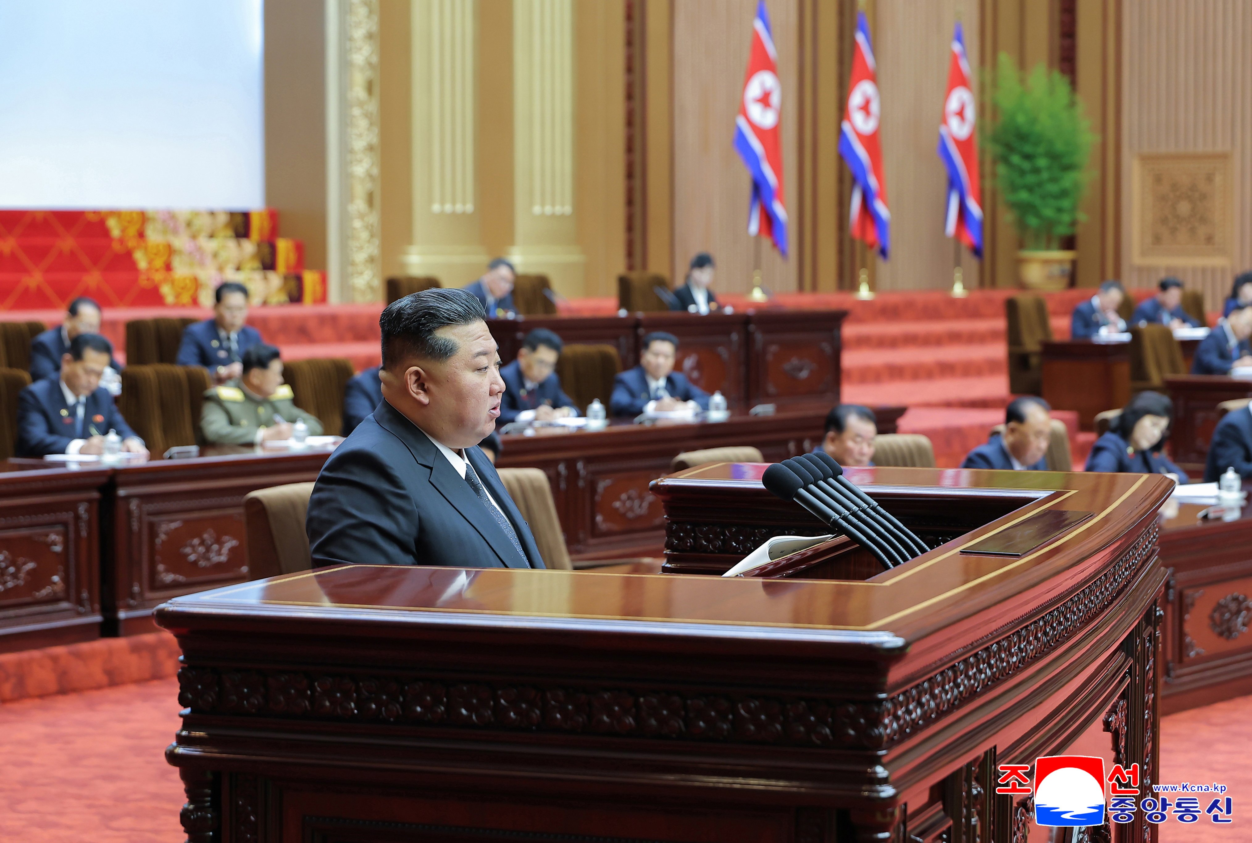 North Korea’s leader Kim Jong-un speaking during a session of the Supreme People’s Assembly at Mansudae Assembly Hall in Pyongyang, North Korea. Photo: PA / KCNA