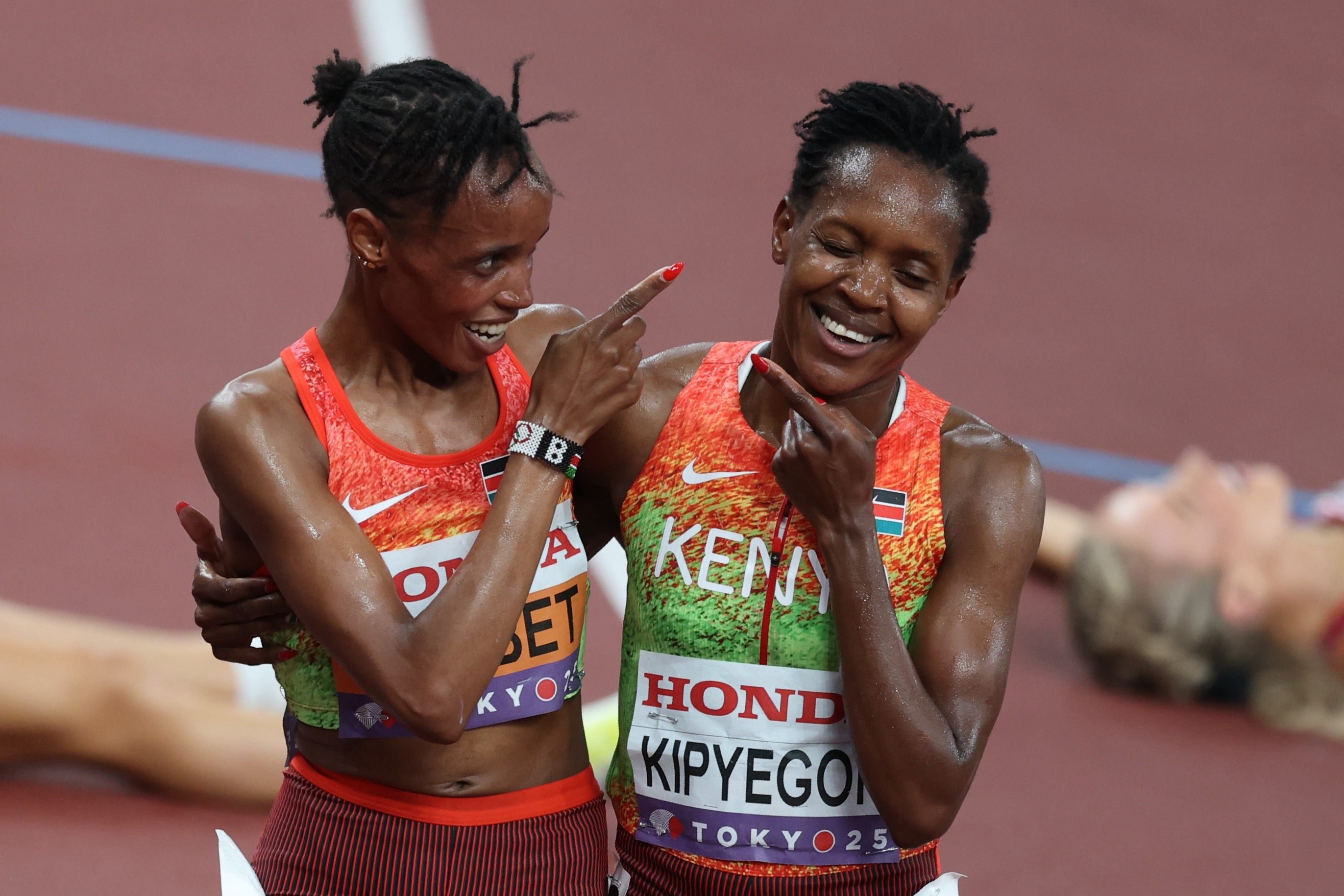 Kenya’s Beatrice Chebet (left) and Faith Kipyegon celebrate first and second place in the women’s 5000m at the World Athletics Championships Tokyo on Saturday. Photo: dpa