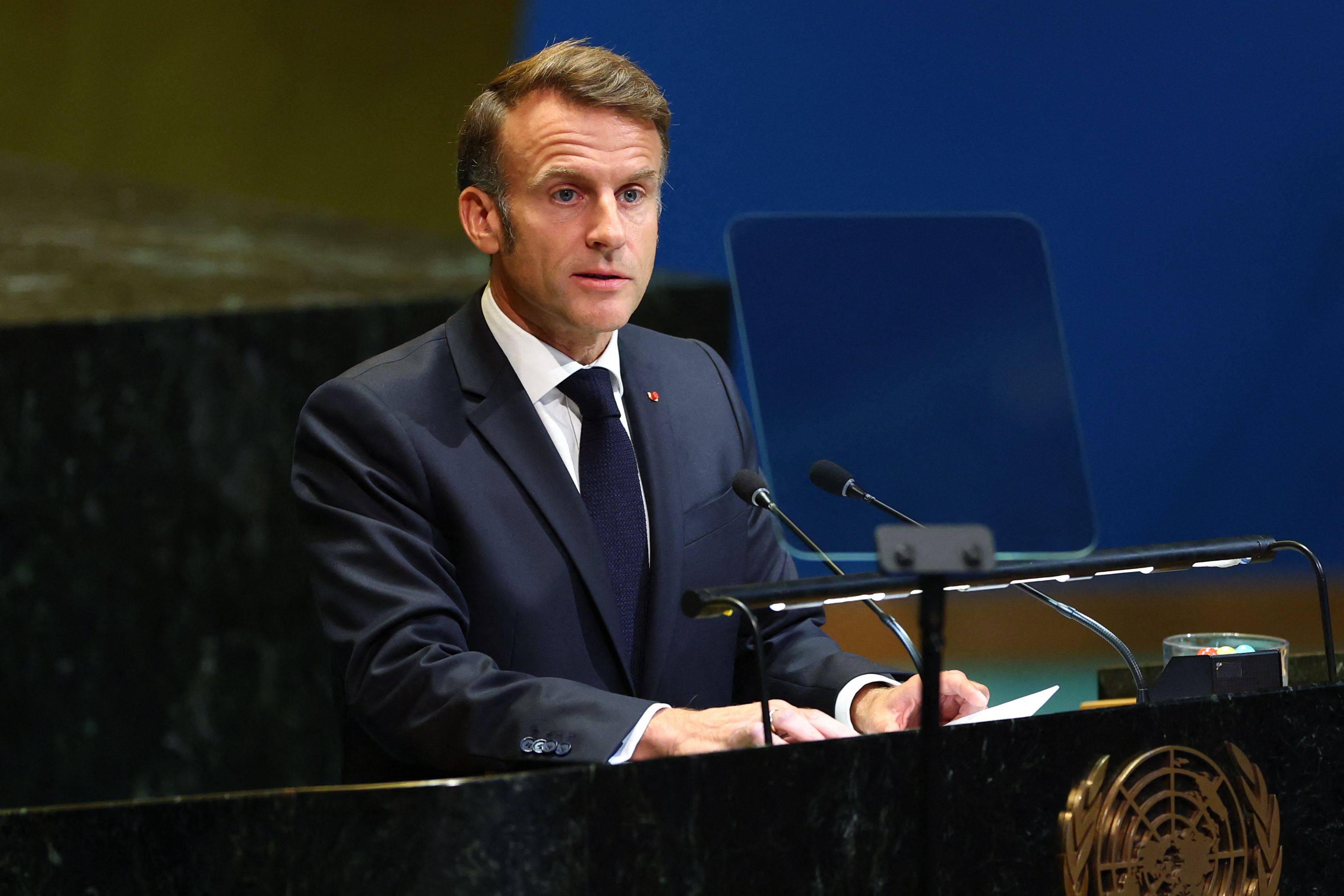 France’s President Emmanuel Macron speaks during a United Nations summit at the UN headquarters in New York on Monday. Photo: AFP