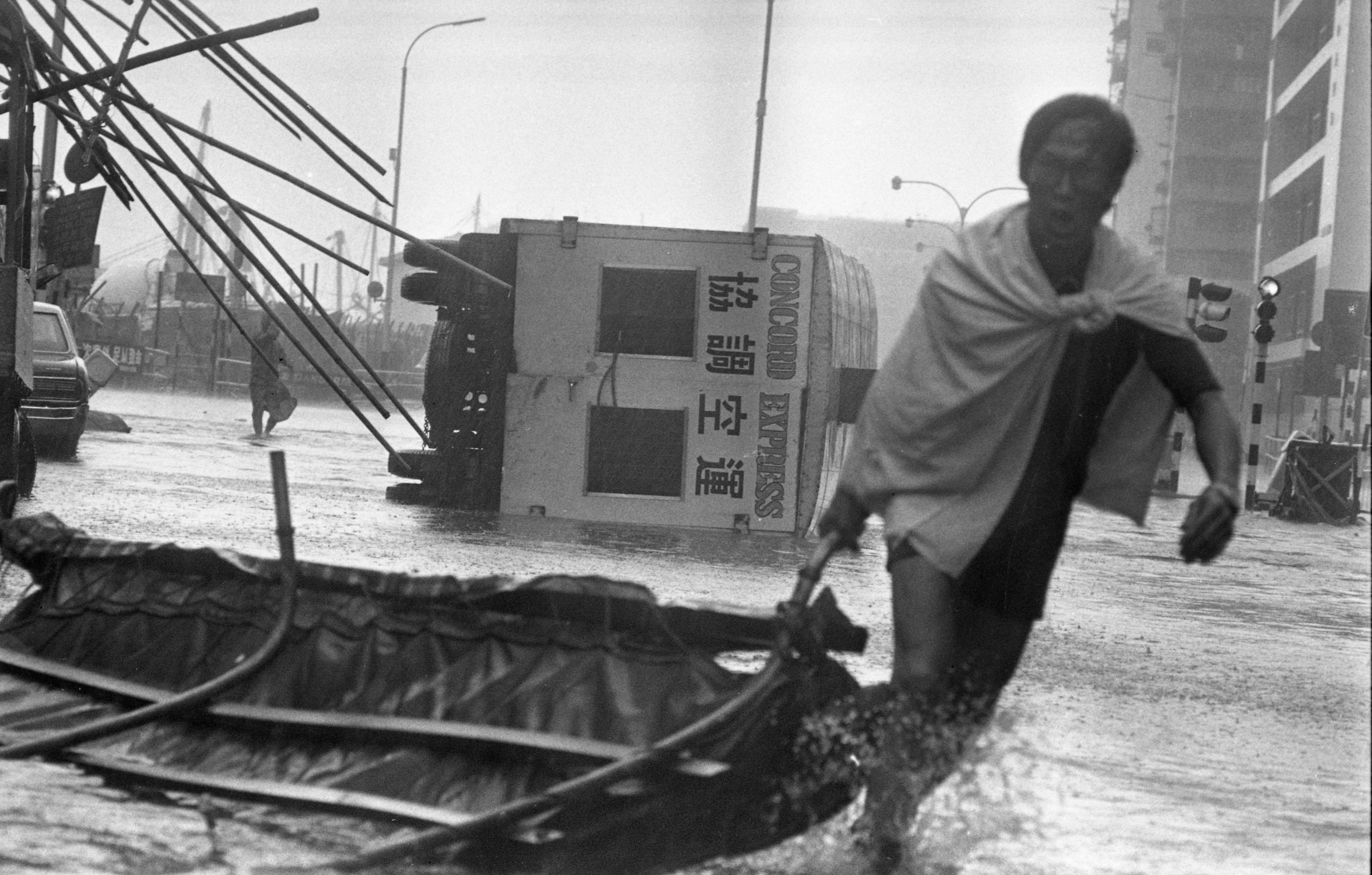 A lorry lying on its side after Typhoon Hope hit Hong Kong on August 2, 1979. Photo: Chan Kiu