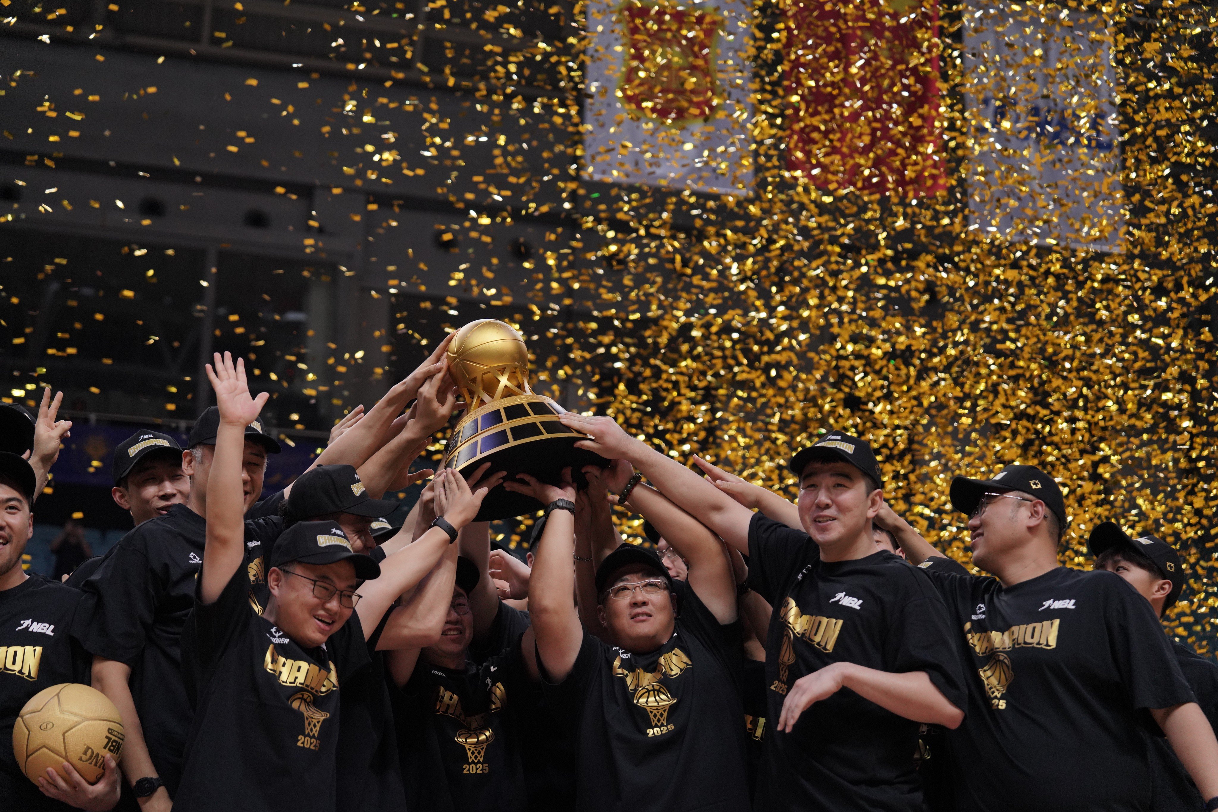 Hong Kong Bulls lift the NBL trophy after successfully defending their title in Changsha. Photo: Handout