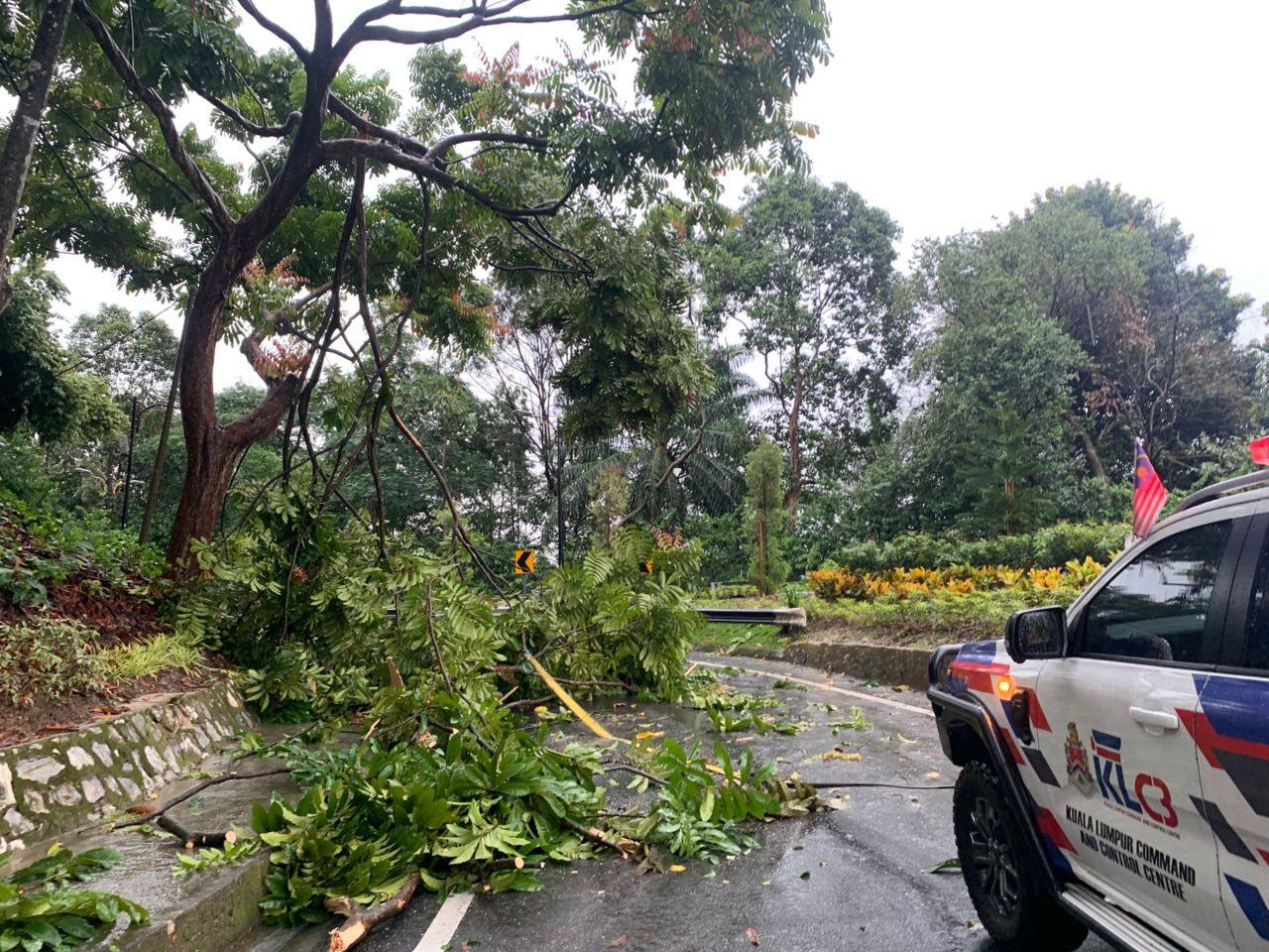 Fallen tree branches block a road in Kuala Lumpur after a storm on Monday. Photo: Facebook/Kuala Lumpur City Hall