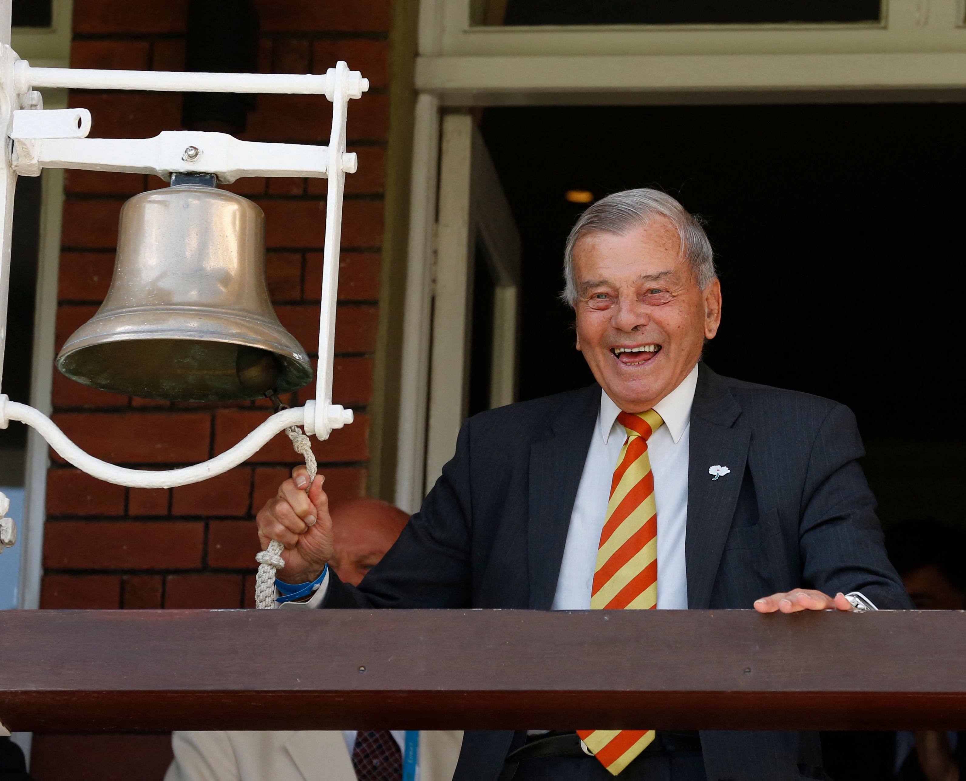 Retired umpire Dickie Bird rings the five minute bell during play on the first day of the first Test match between England and New Zealand at Lord’s on May 21, 2015. Photo: AFP