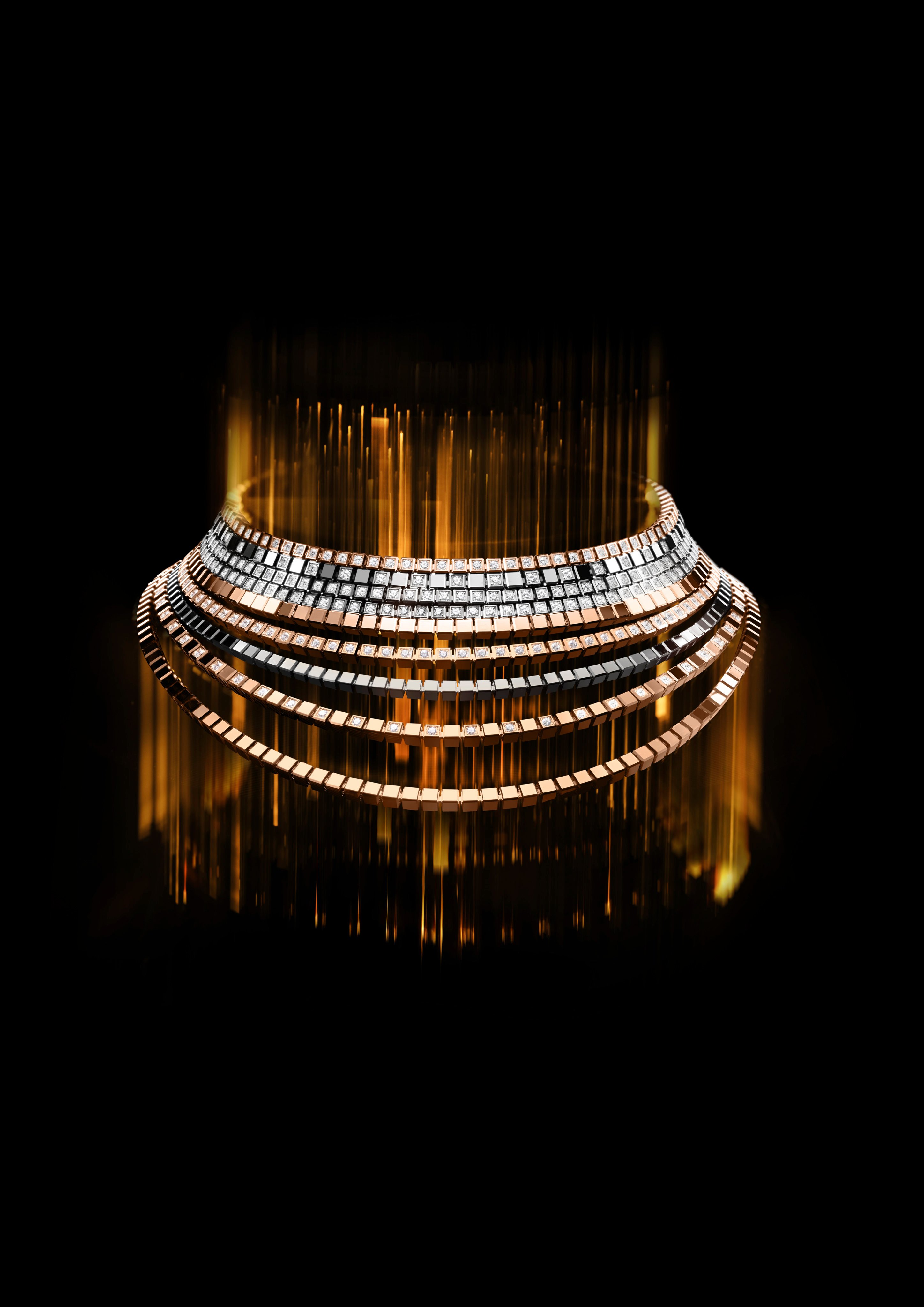 The striking modular necklace from Chopard’s Ice Cube collection. Photo: Handout