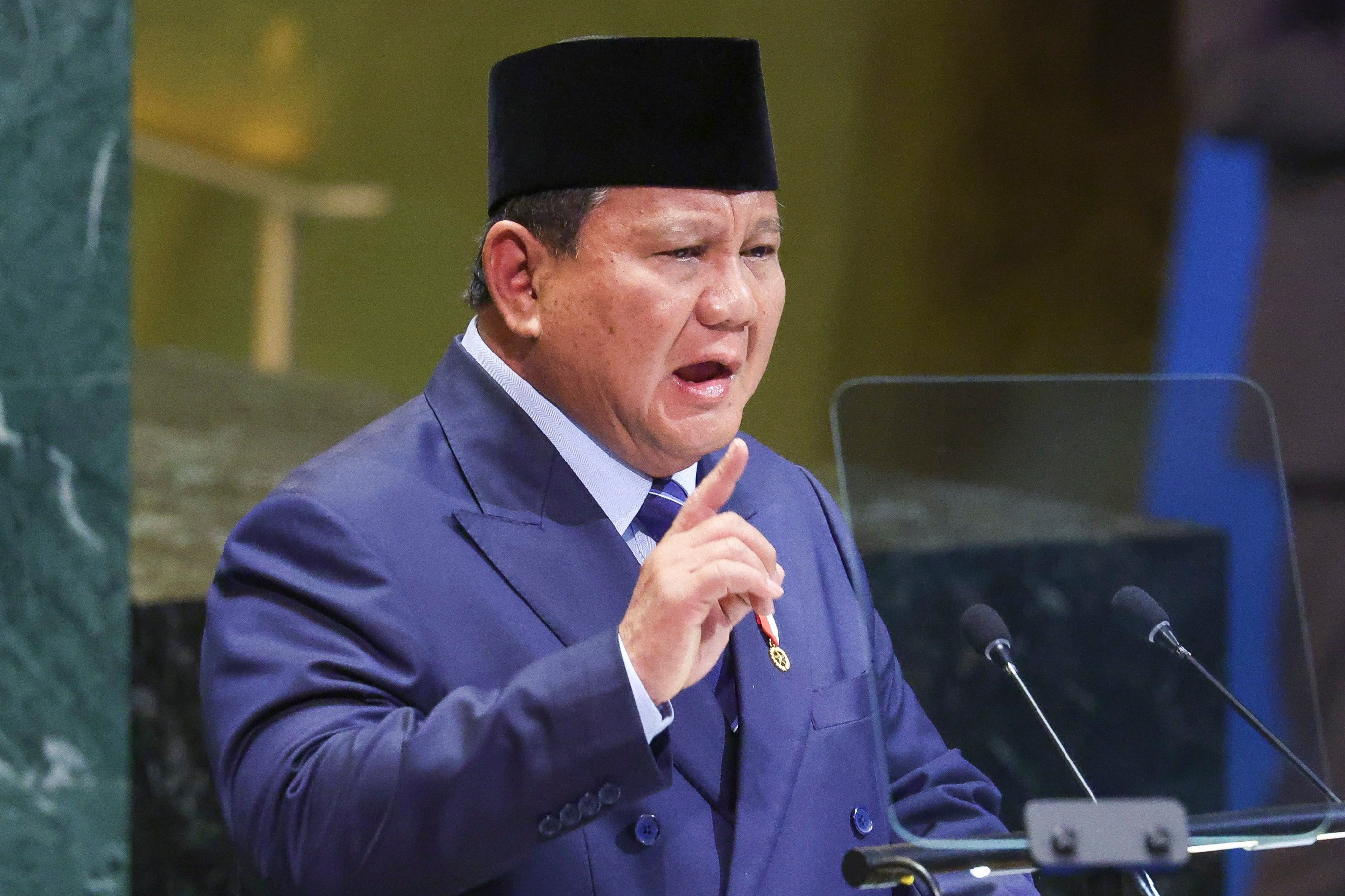 Indonesian President Prabowo Subianto speaks during the United Nations General Assembly at the UN headquarters in New York on Tuesday. Photo: EPA