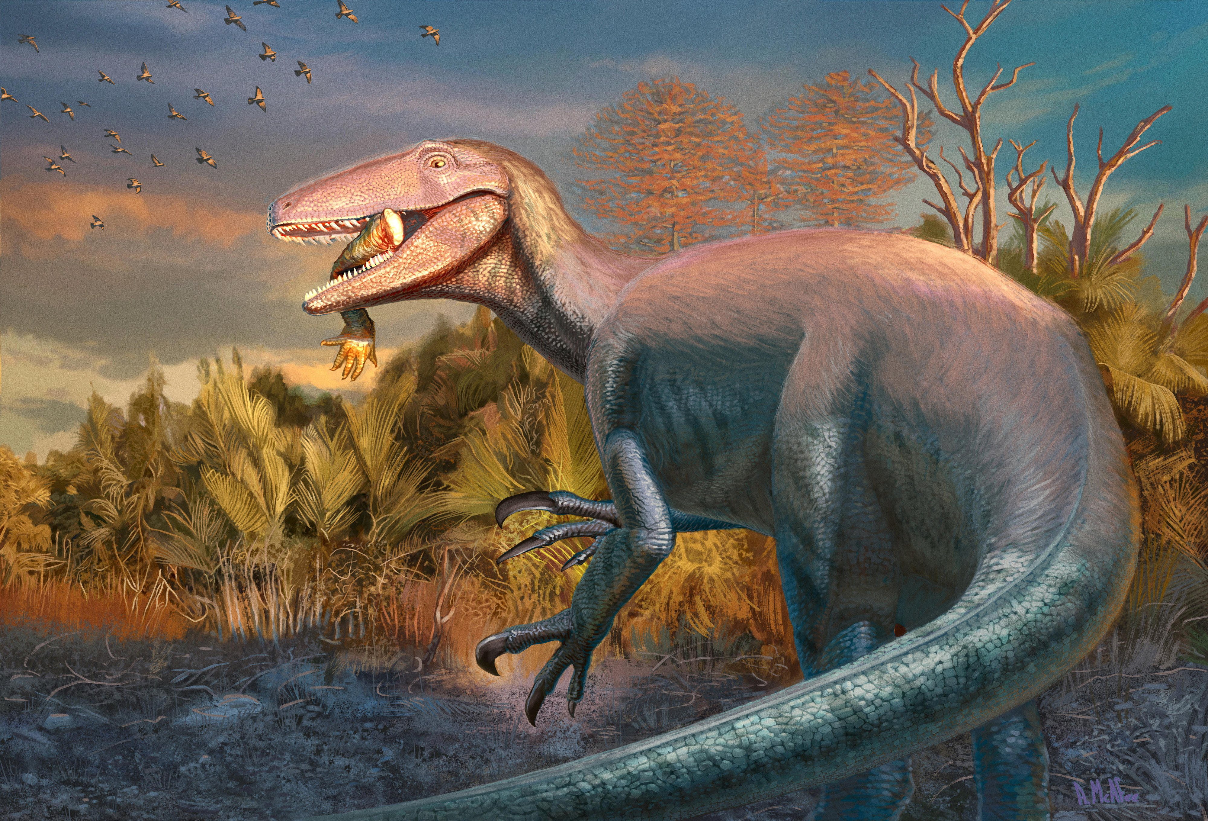 An artist’s impression of the Cretaceous meat-eating dinosaur Joaquinraptor, whose fossilized remains were unearthed in Argentina’s Patagonia region, is shown in this image released on September 23, 2025. Andrew McAfee/Carnegie Museum of Natural History/Handout via REUTERS  THIS IMAGE HAS BEEN SUPPLIED BY A THIRD PARTY. NO RESALES. NO ARCHIVES.