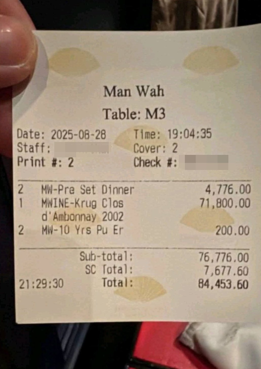 ***ONE TIME USE ONLY, PLEASE CLEAR THE COPYRIGHTS BEFORE RE-USE - OTUO*** A photo of the bill circulating online, the pair each ordered a premium set dinner priced at HK$2,388, along with a HK$71,800 bottle of Krug Clos d’Ambonnay champagne from Man Wah, the Chinese restaurant at Mandarin Oriental Hong Kong in Central. Photo: Handout
