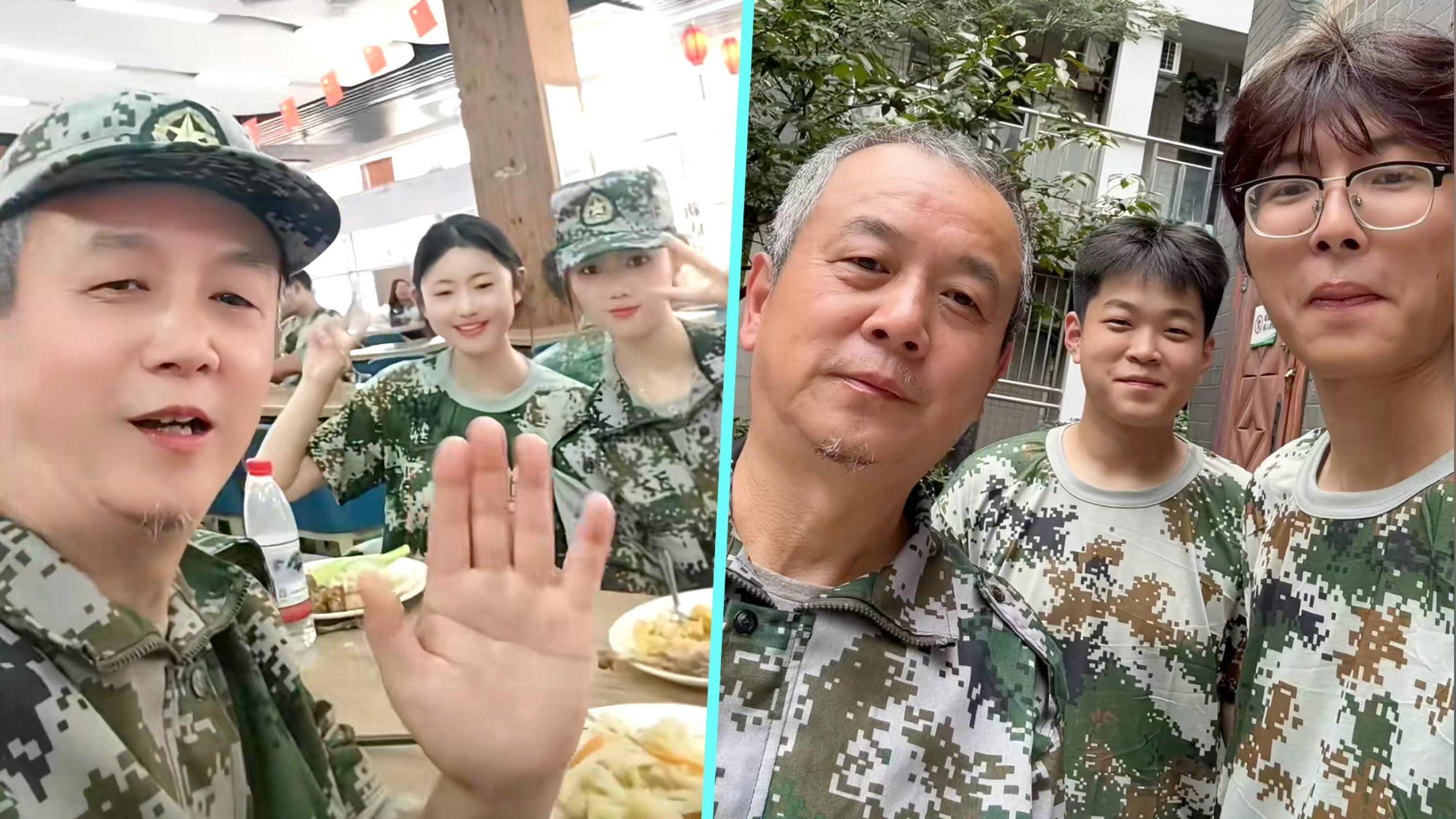 A 60-year-old man in China recently became a university freshman, gaining attention for doing military training. His wife plans to attend his parent-teacher meetings. Photo: SCMP composite/Douyin