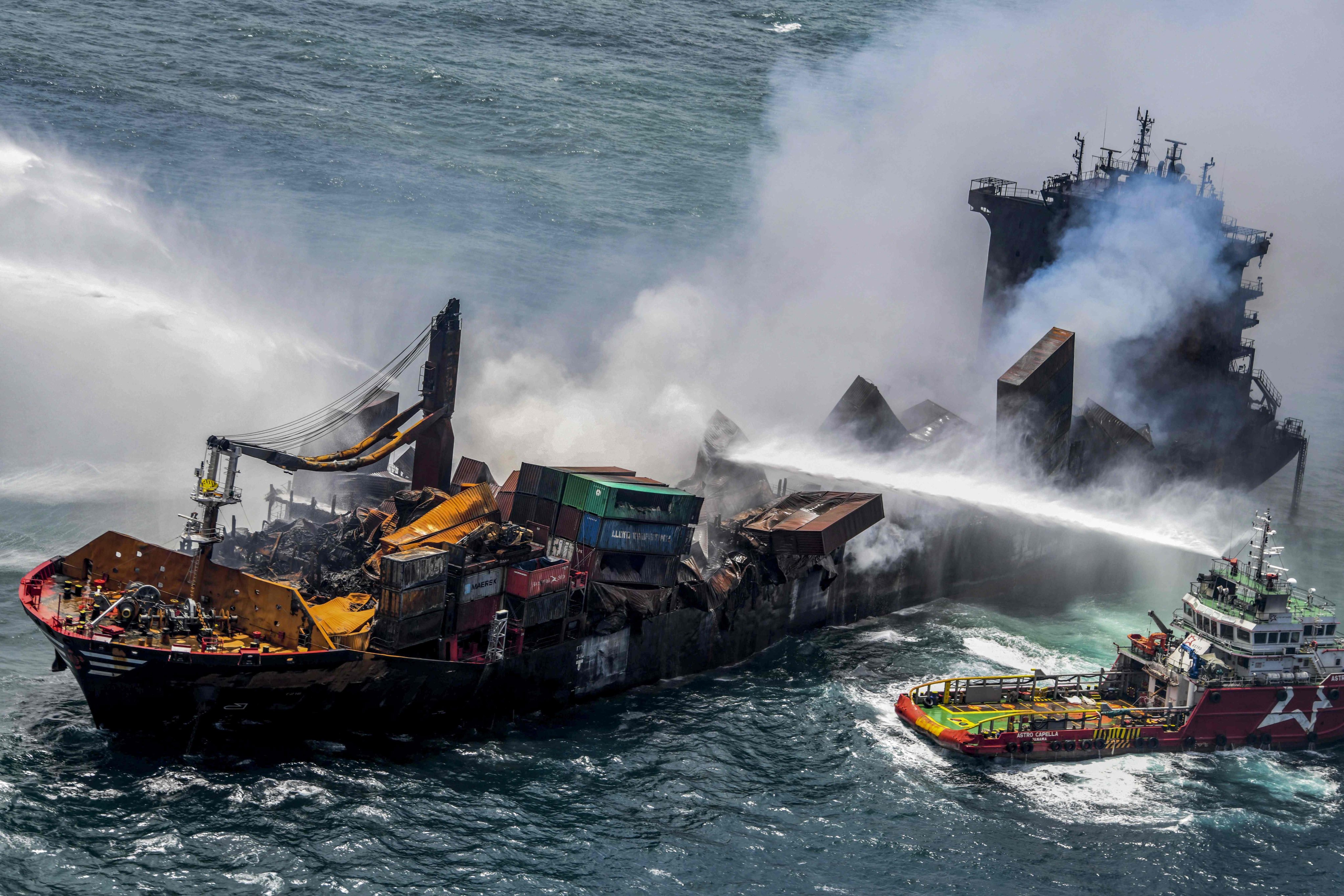 The MV X-Press Pearl sank off Colombo Port in June 2021. Photo: Sri Lanka Air Force/AFP