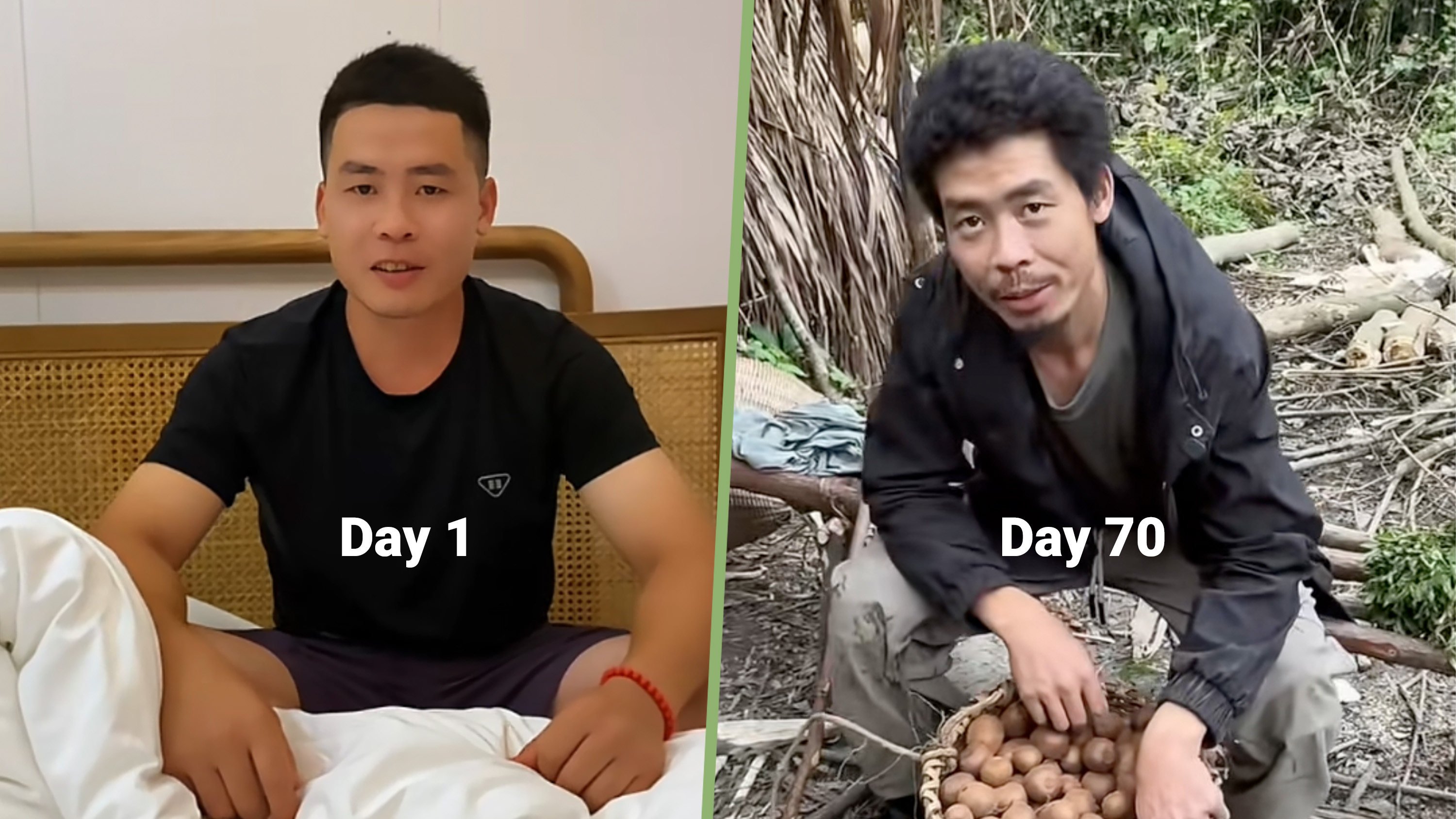 A man in China completed a 70-day jungle survival challenge, using homemade traps to catch rats and winning US$14,000 in prize money. Photo: SCMP composite/Douyin