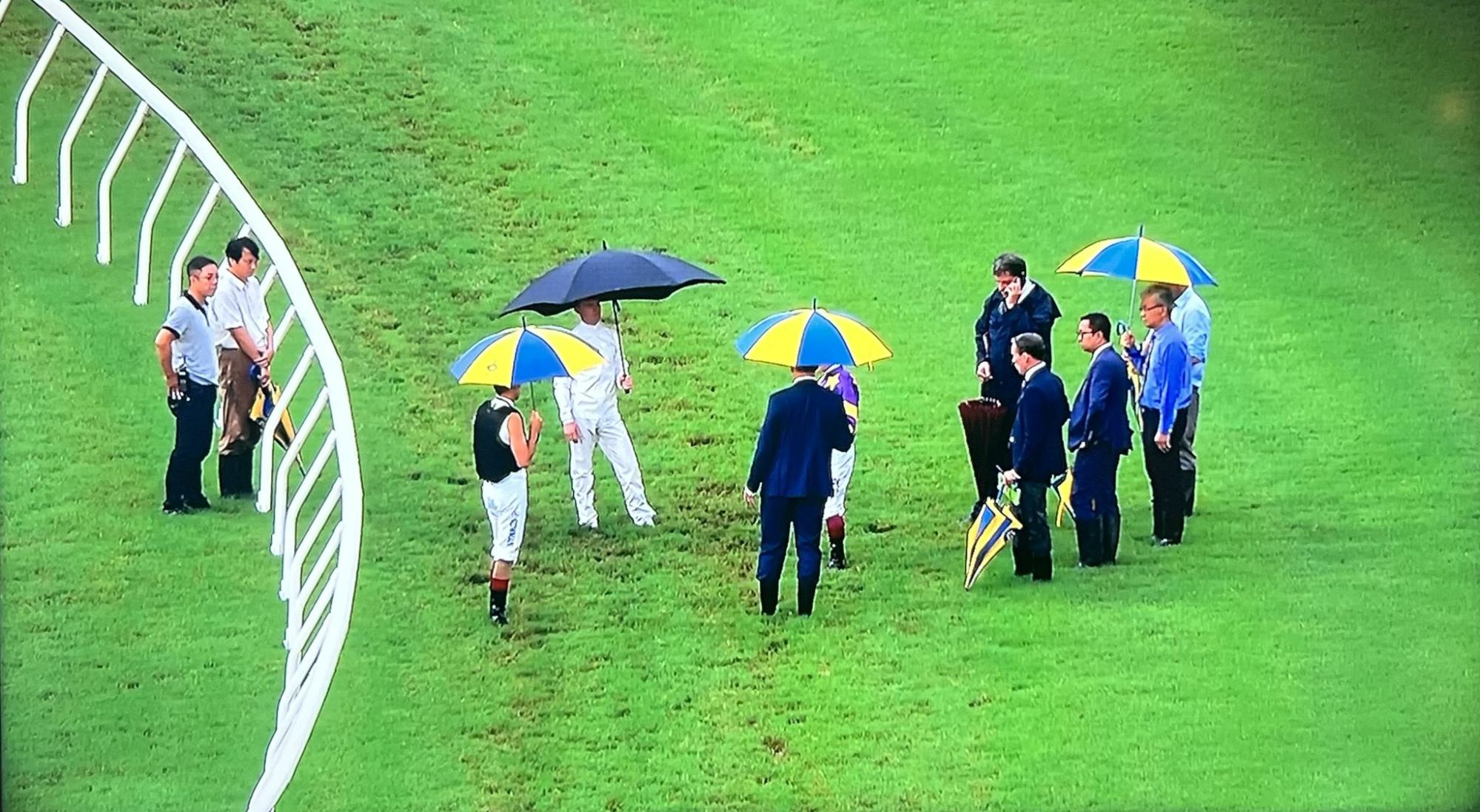 Jockeys and officials inspect the Sha Tin track last weekend.