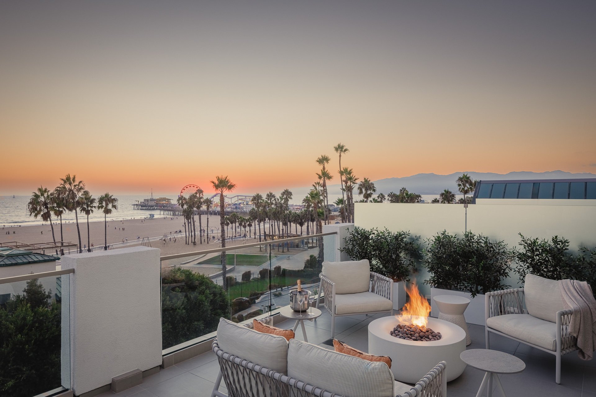 A terrace suite with a firepit at Regent Santa Monica Beach, overlooking the Santa Monica Pier. Photo: Tanveer Badal