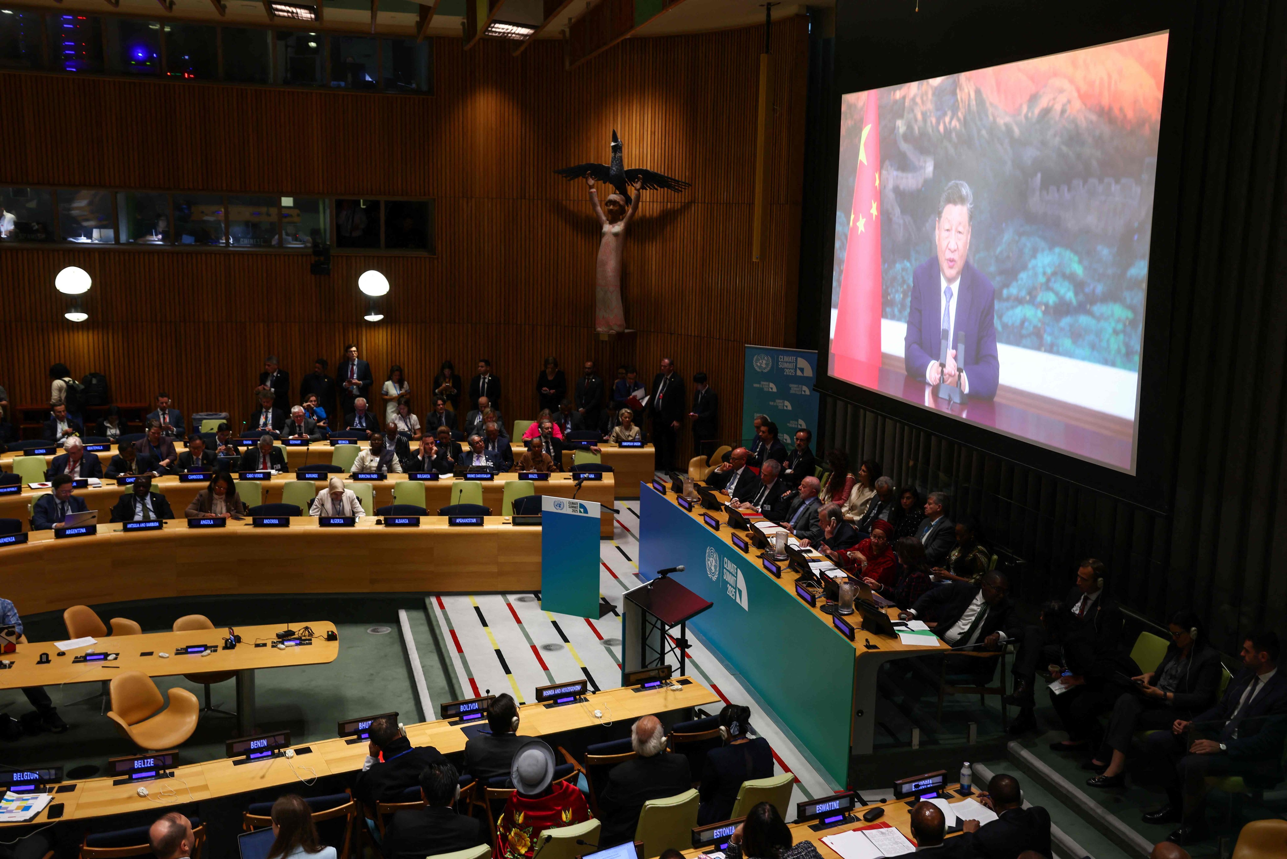 China’s President Xi Jinping speaks remotely during the “Climate Summit 2025” on the sidelines of the United Nations General Assembly at the UN headquarters in New York City on Wednesday. Photo: AFP