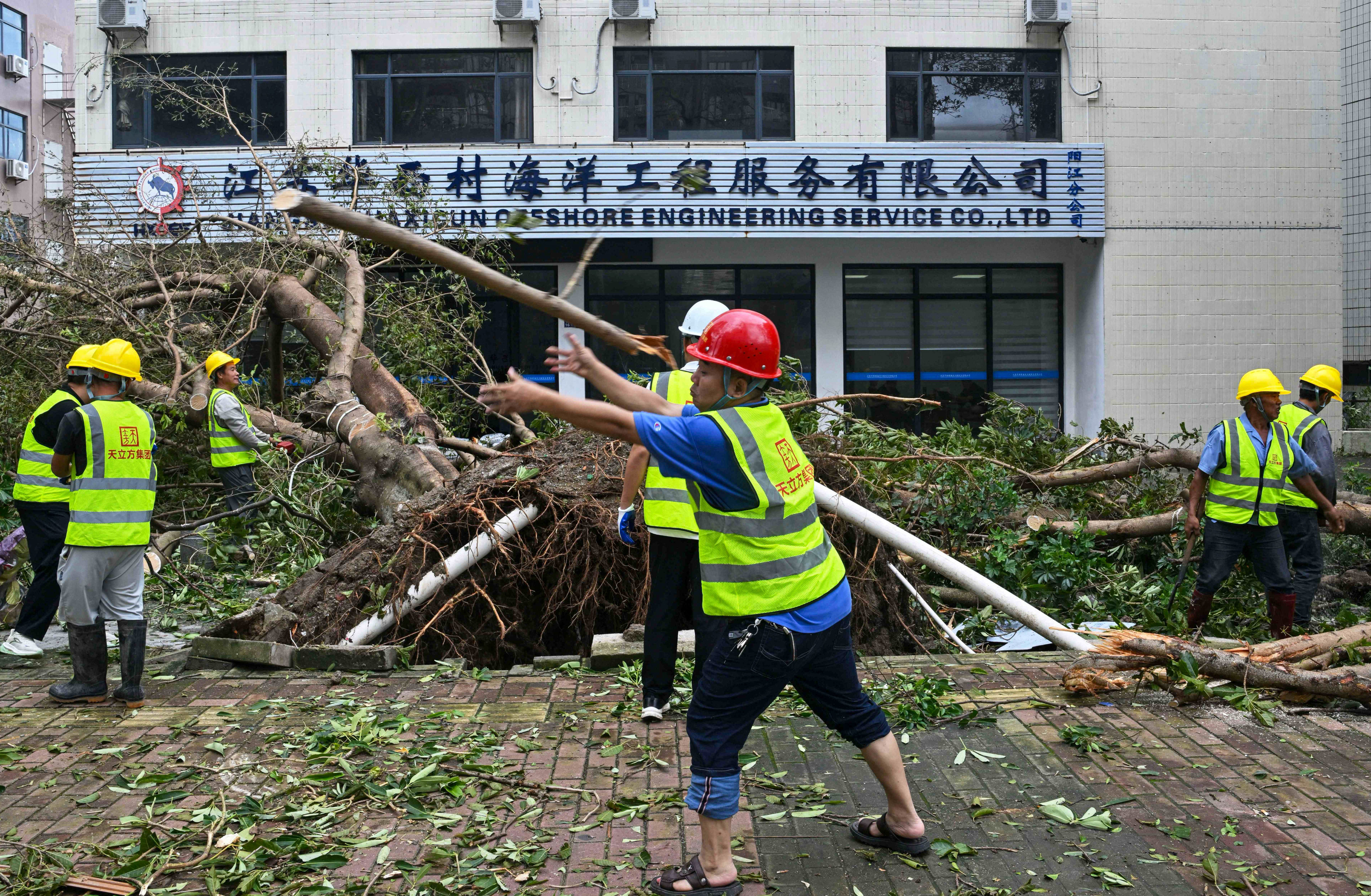 Workers cut and remove a fallen tree following the passage of Super Typhoon Ragasa in Yangjiang, Guangdong province, on Thursday. Photo: AFP
