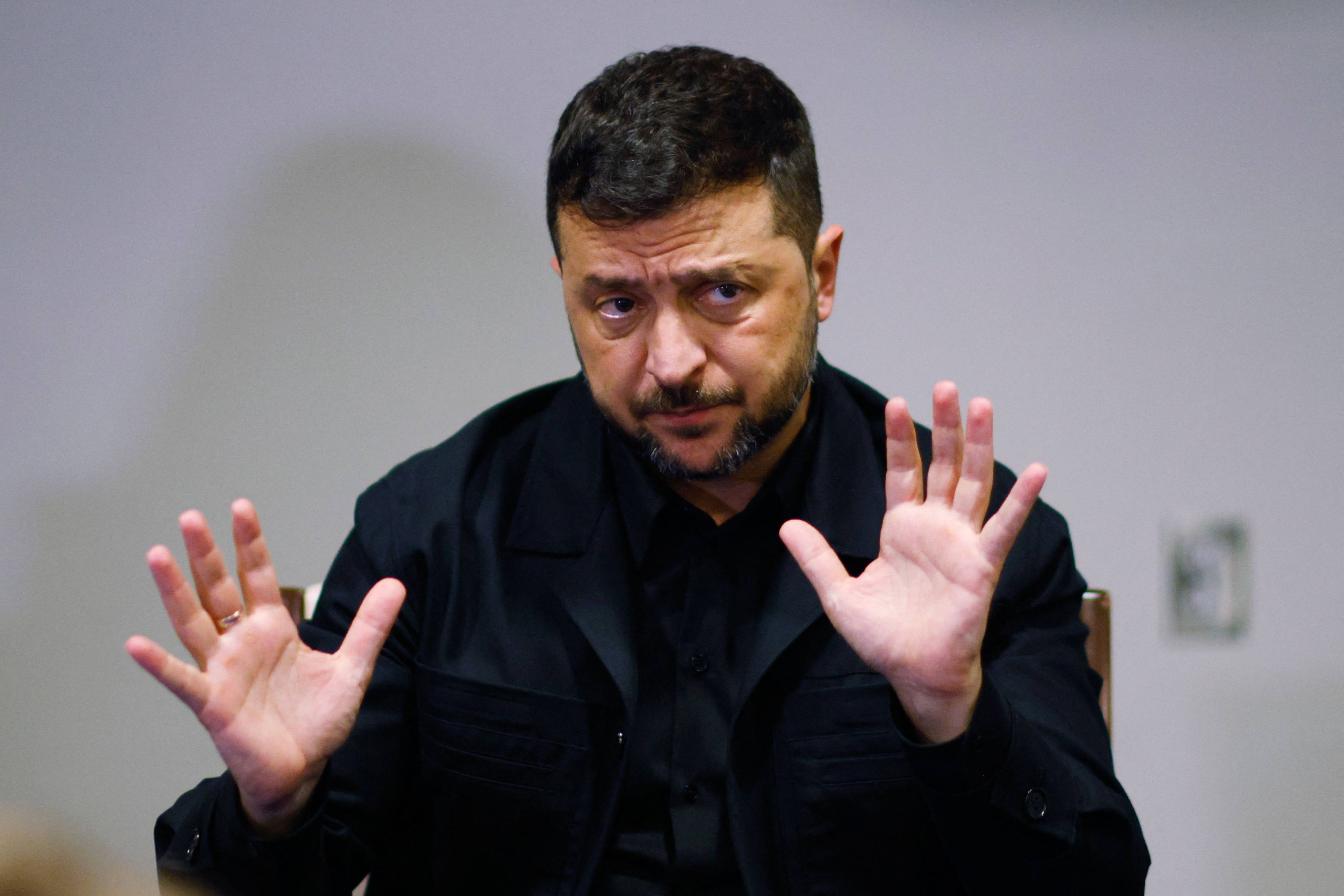 Ukraine’s President Volodymyr Zelensky speaks during a press briefing on the sidelines of the UN General Assembly in New York on Tuesday. Photo: AFP