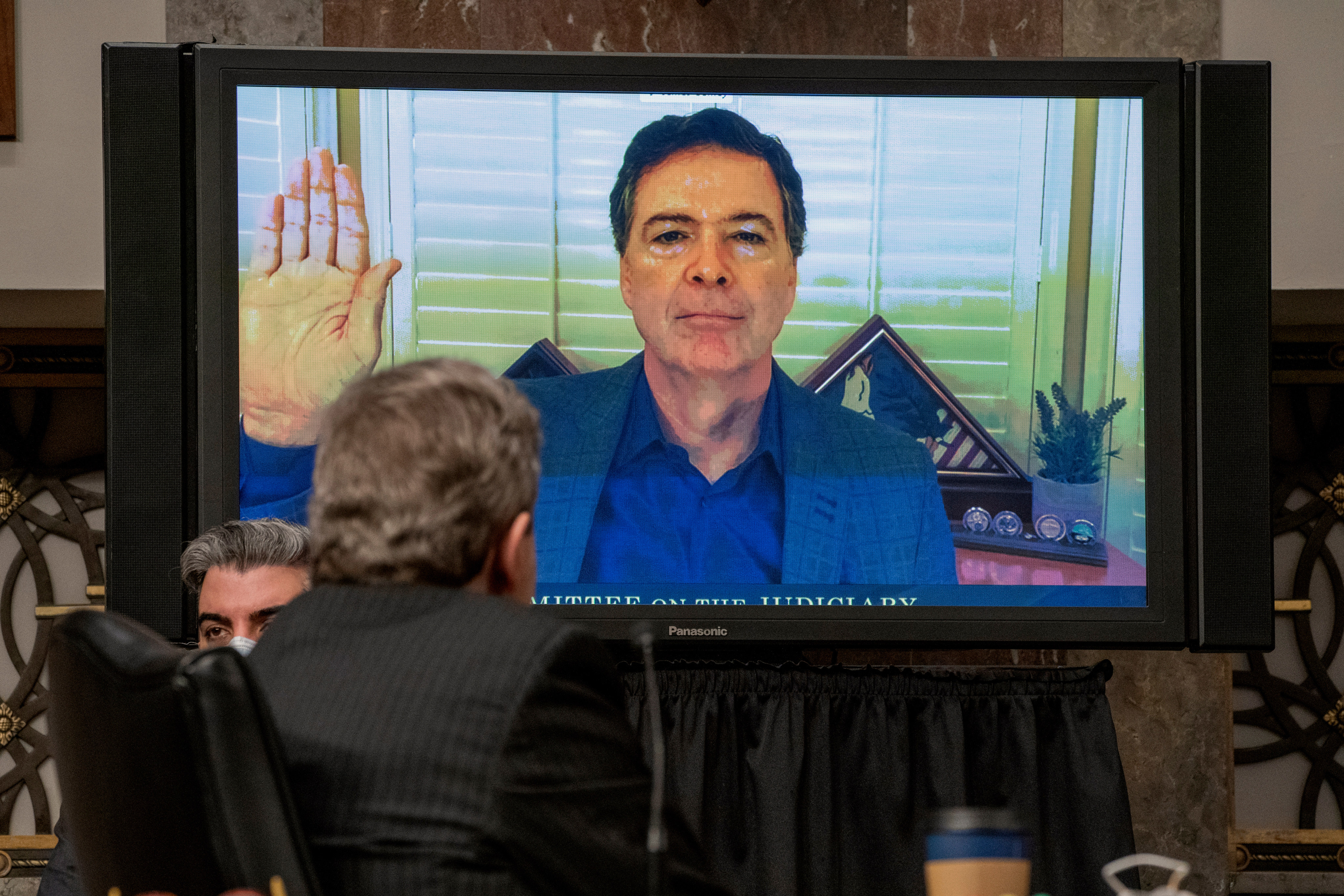 Former FBI director James Comey is sworn via videoconference before testifying during a Senate Judiciary Committee hearing on Capitol Hill in  September 2020. Photo: AP