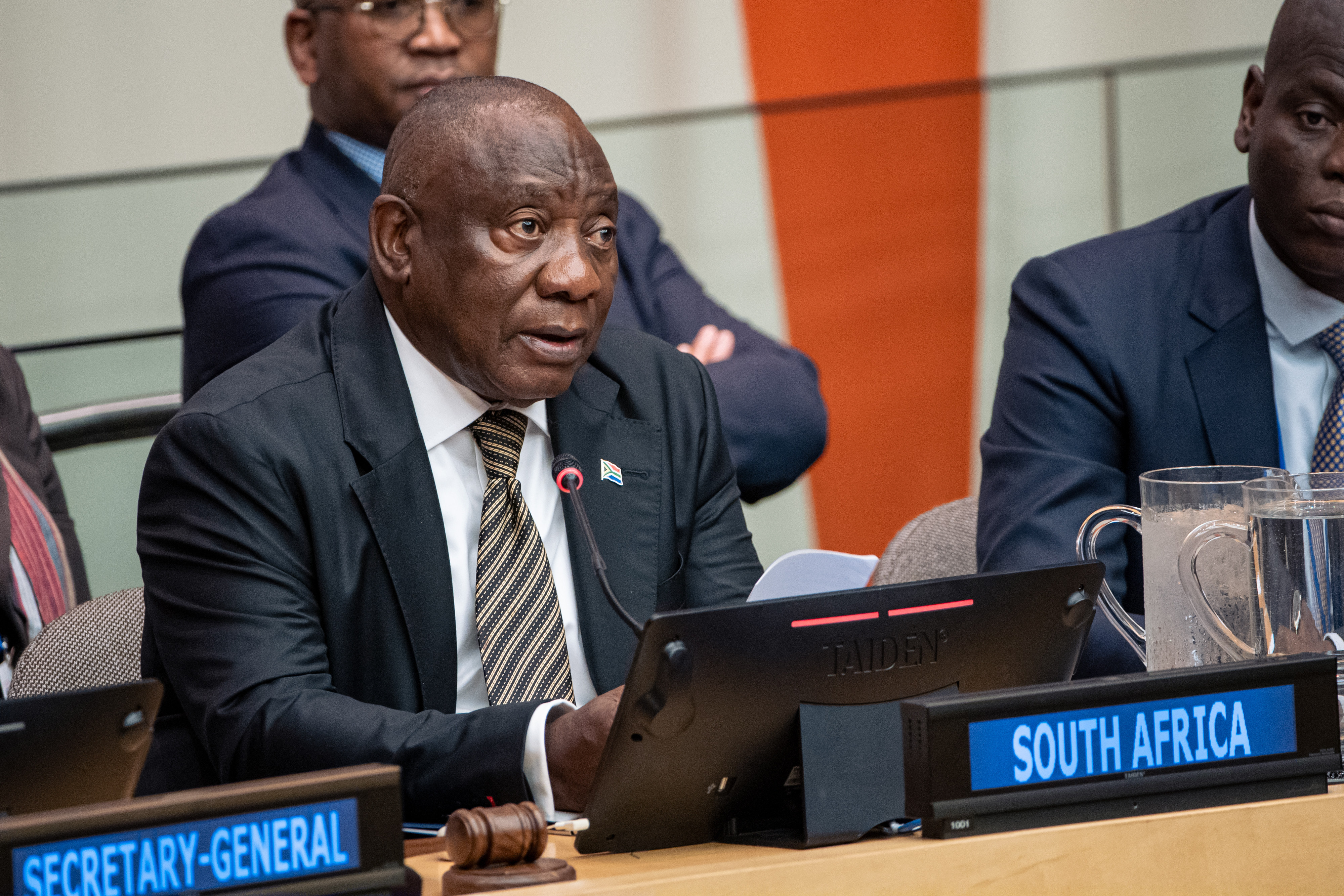 South African President Cyril Ramaphosa addresses the G20 meeting of the United Nations Economic and Social Council on Thursday. Photo: AP