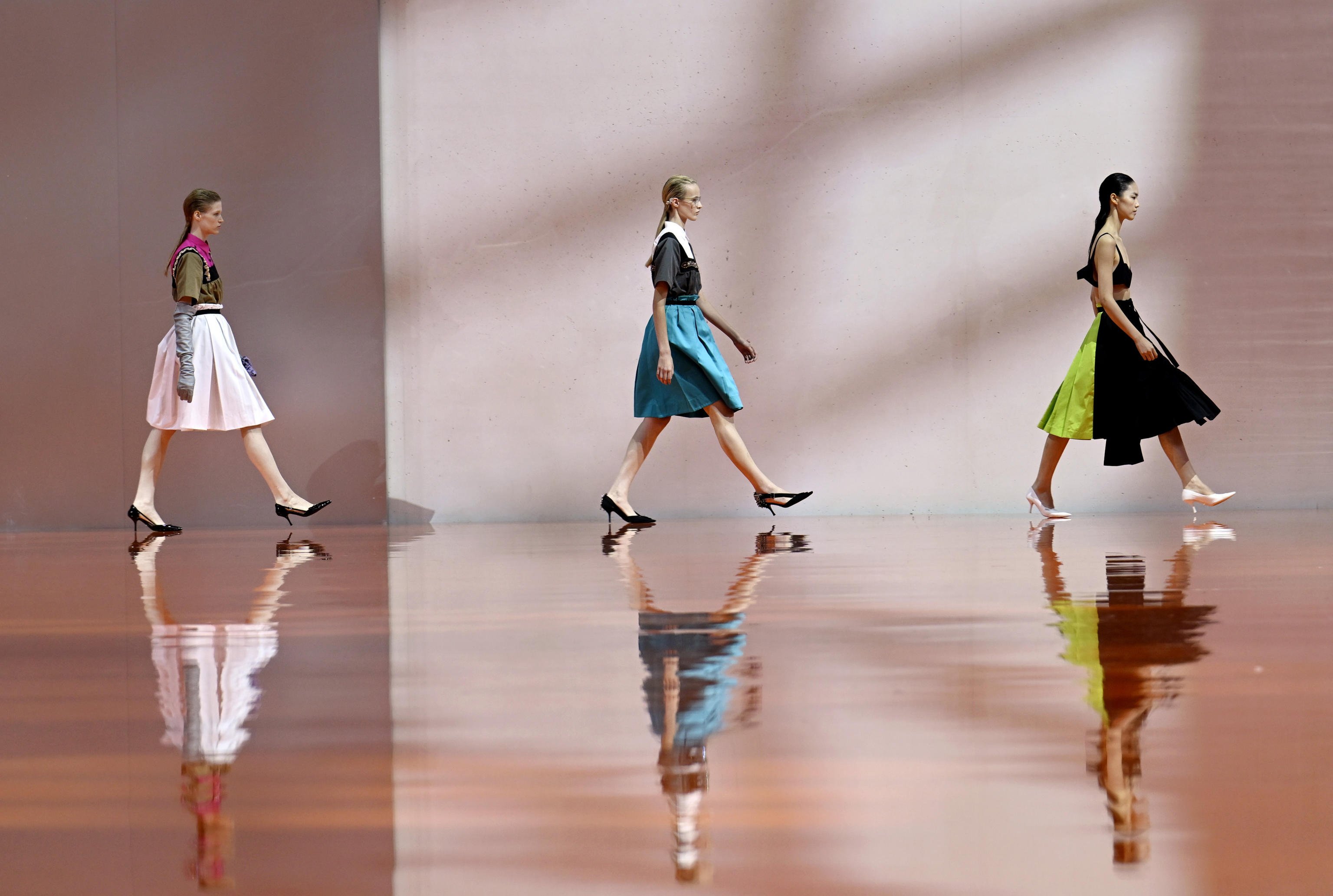 A-line silhouettes dominated the Prada spring/summer 2026 show in Milan. Photo: EPA